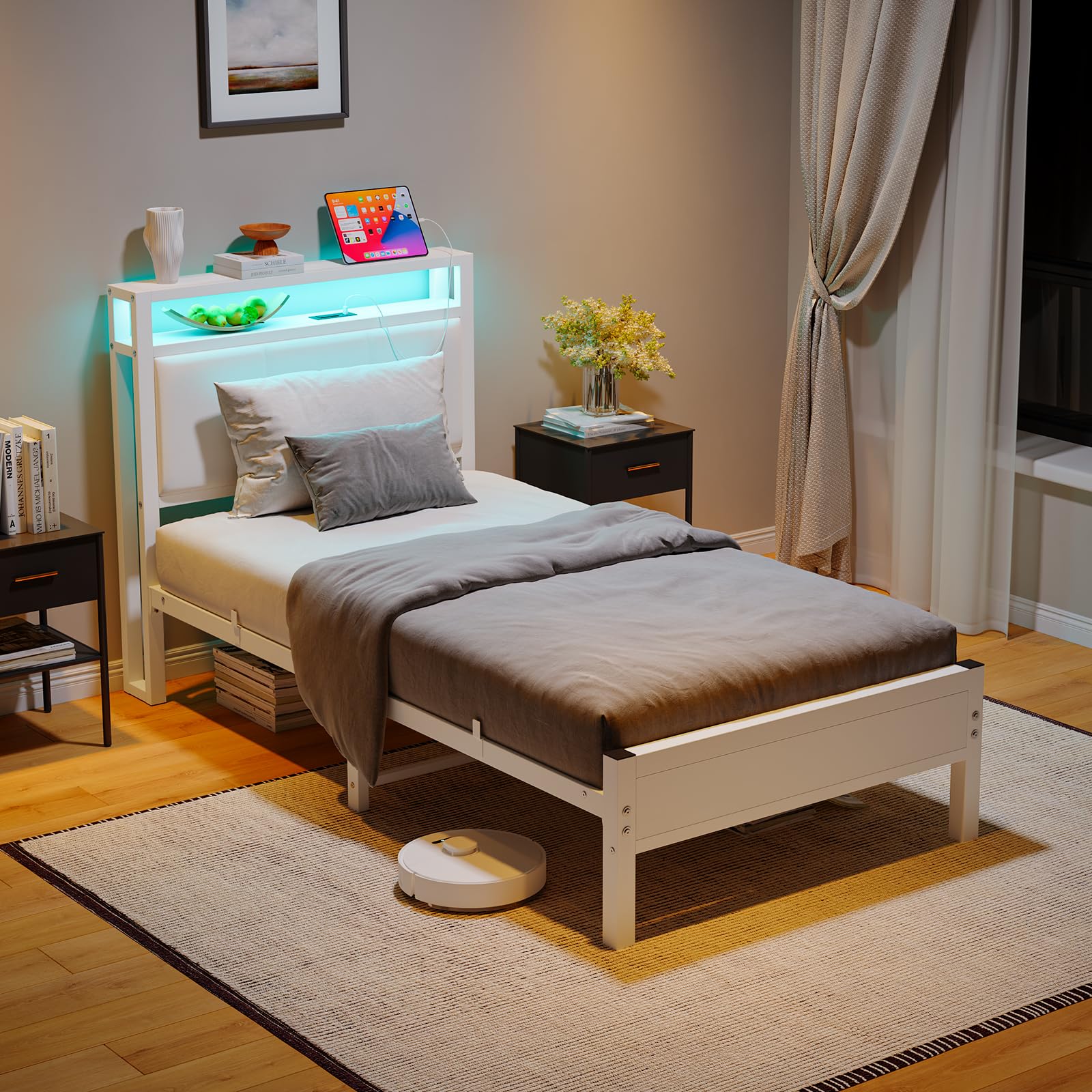 FOUBAM 3FT Single Bed Frame with LED Lights and Charging Station, Heavy Duty Metal Bed with Storage Fabric Headboard,Solid and Stable, Metal Slats Support,Mattress Foundation (White)