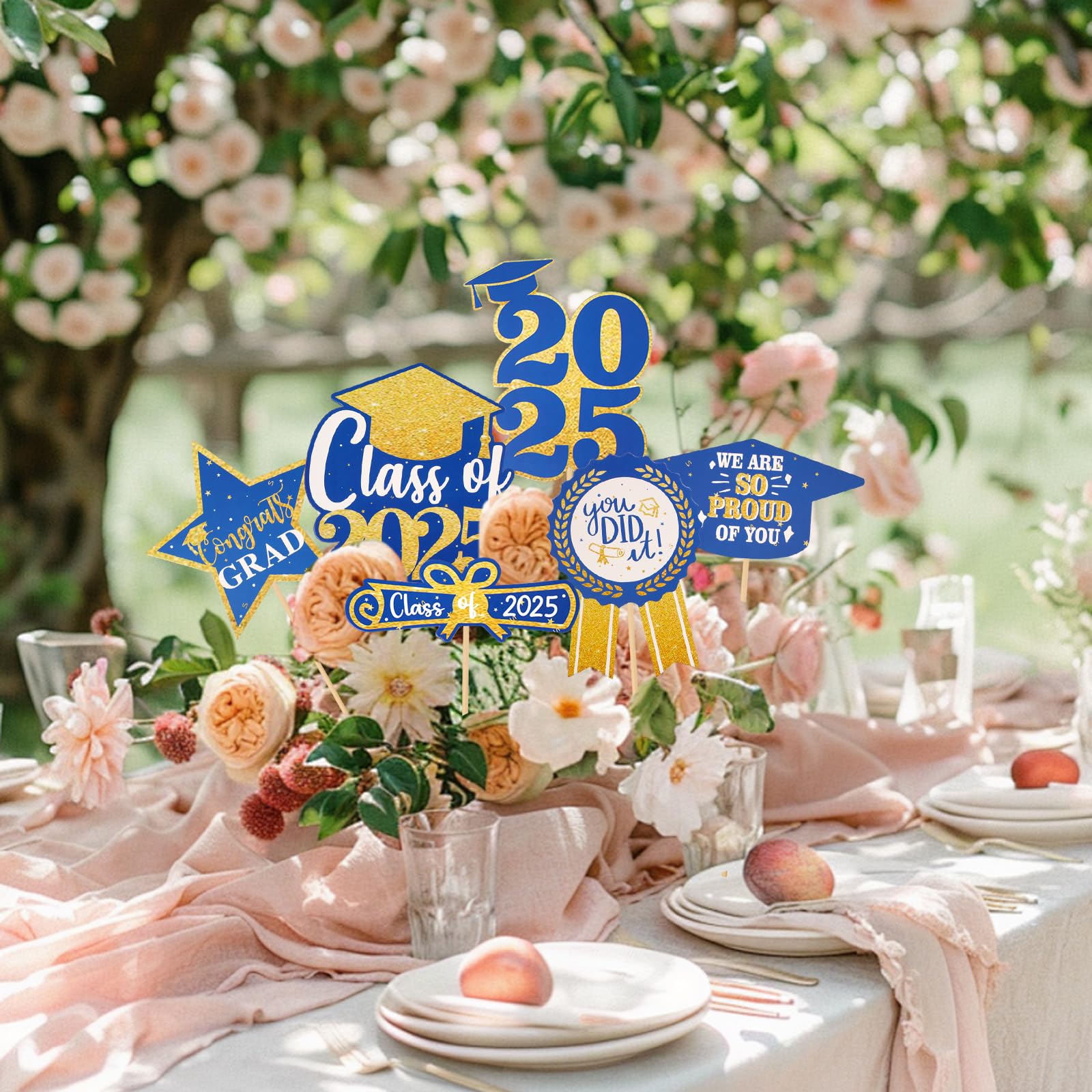 Zienlay 30 Pack Graduation Decorations 2025, Class of 2025 Grad Party Decorations - Blue and Gold Graduation Centerpieces Sticks for Tables, Grad Decor Supplies, Table Toppers for College High School