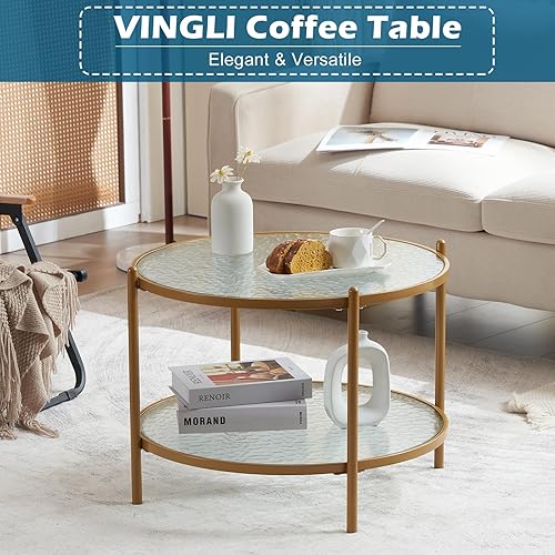 Miniatura 3 de VINGLI 65 cm Pequeña Mesa Redonda de Café Mate Oro con Vidrio Circular Transparente de Ola de Agua, Mesa Central con Diseño de Almacenamiento