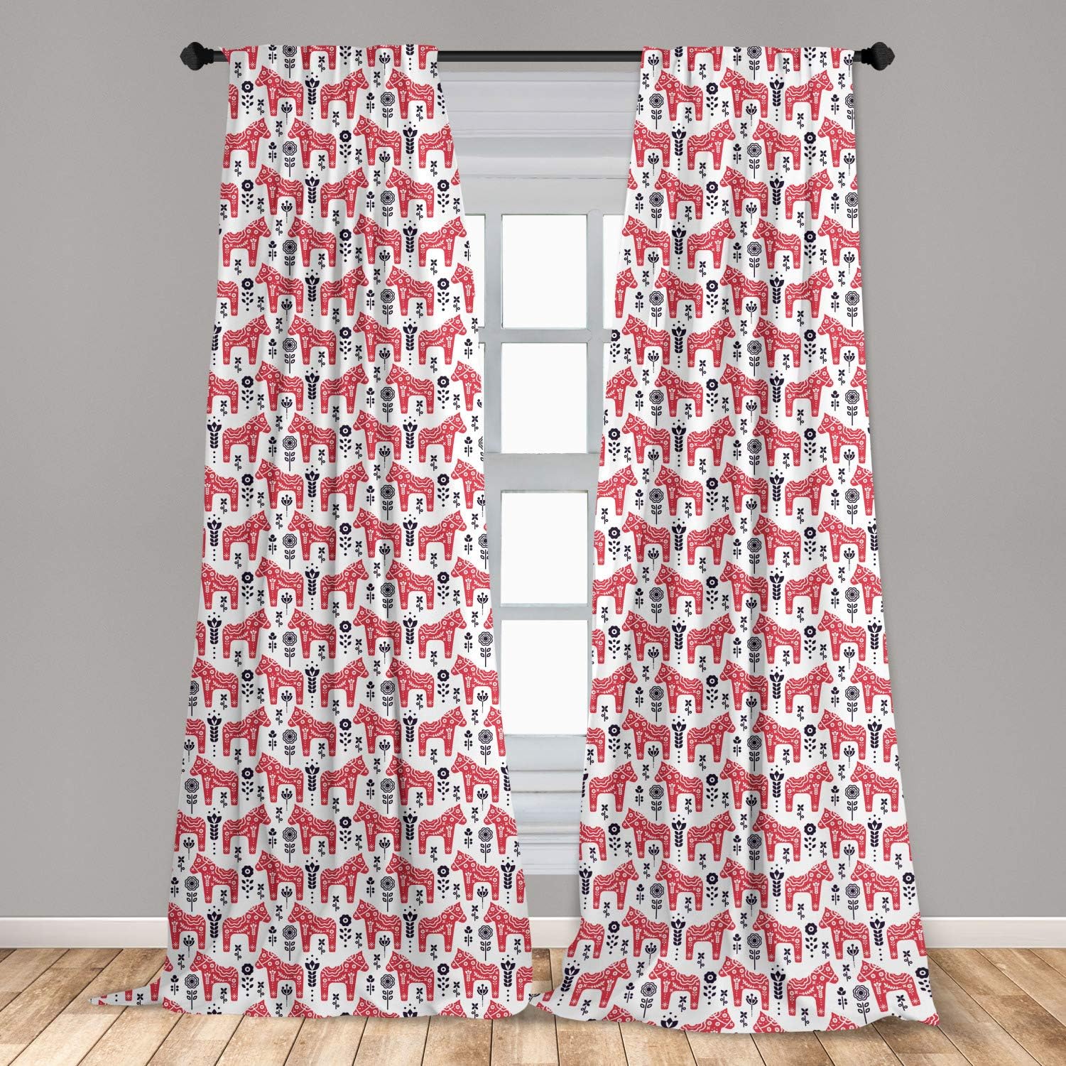 Ambesonne Ethnic Window Curtains, Folk Inspired Swedish Dala Horse with Floral Ornaments Folklore Art, Lightweight Decorative Panels Set of 2 with Rod Pocket, 56" x 63", Coral Indigo