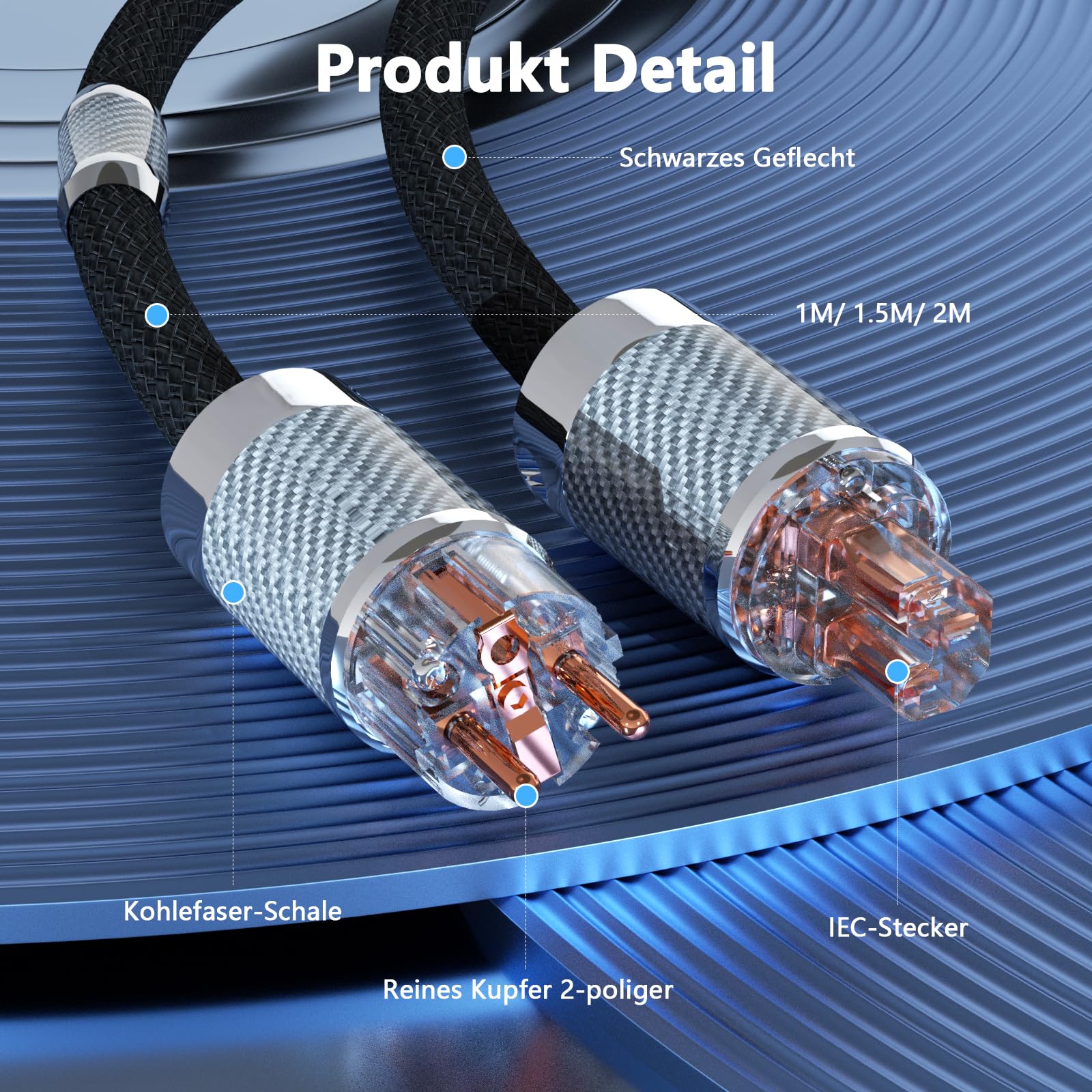 Audiophile HiFi-Netzkabel, HiFi Stromkabel 10AWG EU-Netzkabel,NEMA 5-15P IEC320-C15-Weiblicher Anschluss,125V/15A für Lautsprecher,Subwoofer, Plattenspieler,Verstärker,DAC(Kohlefaser, 1,0M/ 3,3 Fuß)