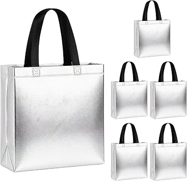 Glossy Silver Gift Bags, 6Pcs Reusable Party Favor Bags for Gifts, Non-Woven Tote Gift Bag with Handles Holiday Goodie Bag for Birthday Wedding Bachelorette Party Favor Supplies