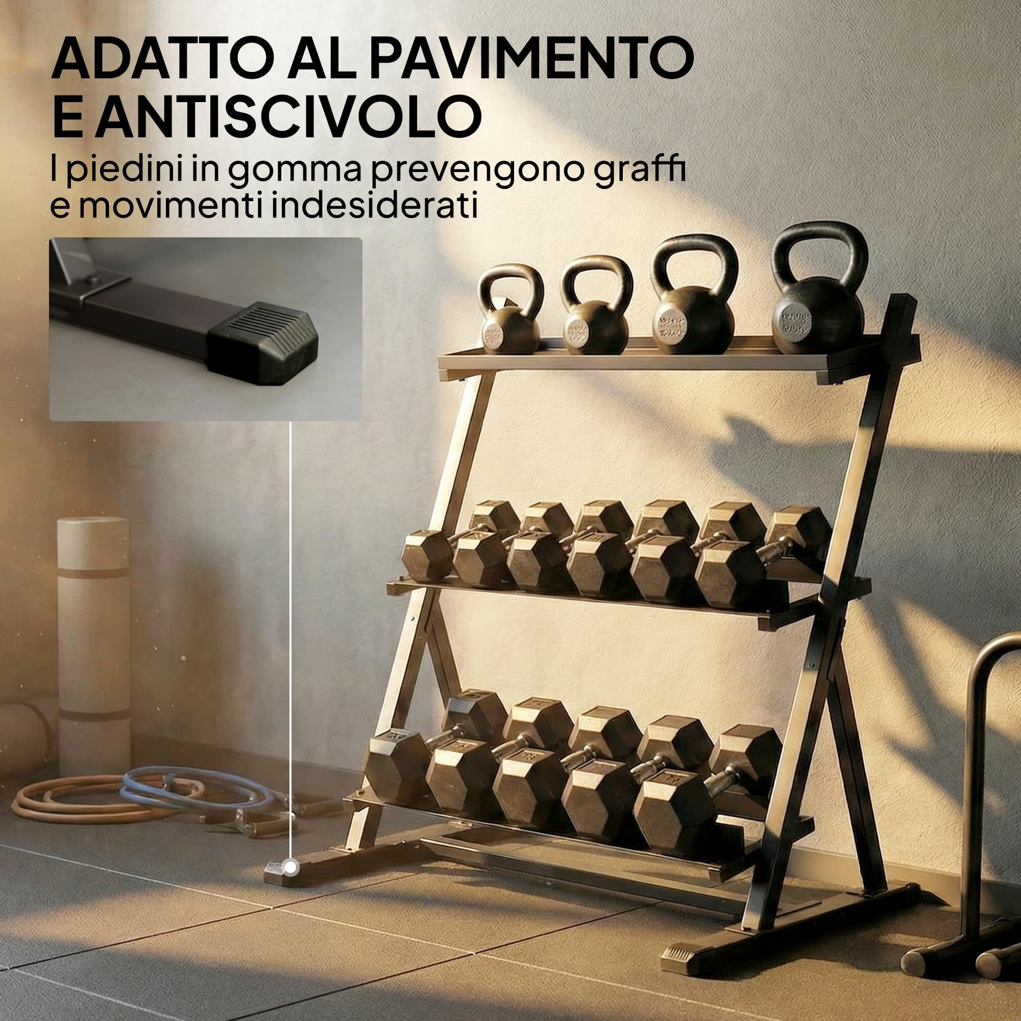 SPORTNOW Rastrelliera Manubri a 3 Livelli, Porta Pesi Palestra Casa Regolabile in Acciaio, Supporto per Manubri e Kettlebell, Salvaspazio per Palestra Domestica, Capacità 200 Kg, Nero