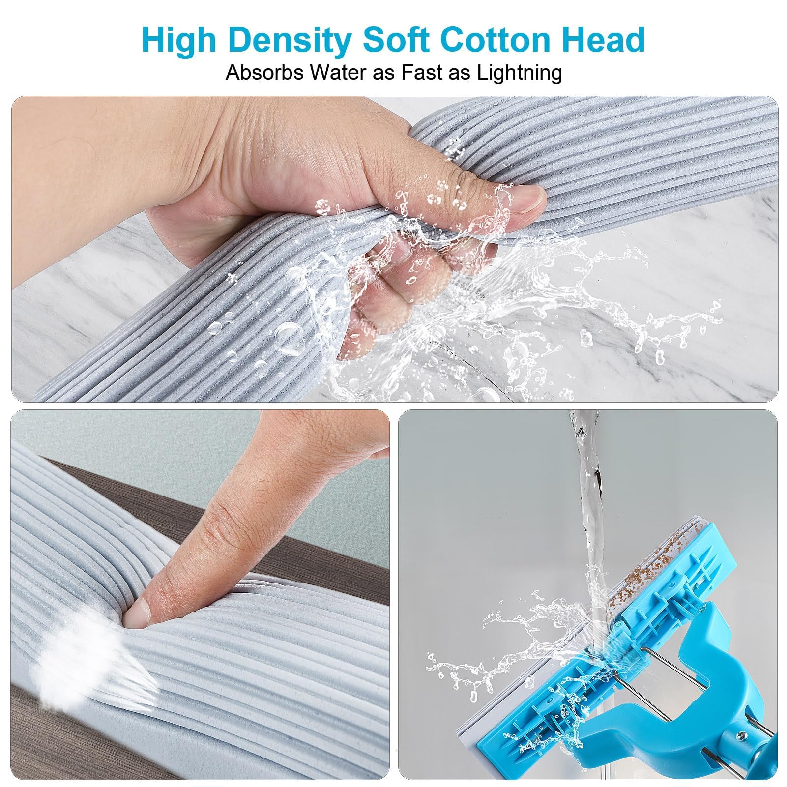 Mopa de esponja autoescurrida, cabezales de esponja superabsorbentes, mango telescópico, ideal para suelos de madera dura, cocina, baño y dormitorio