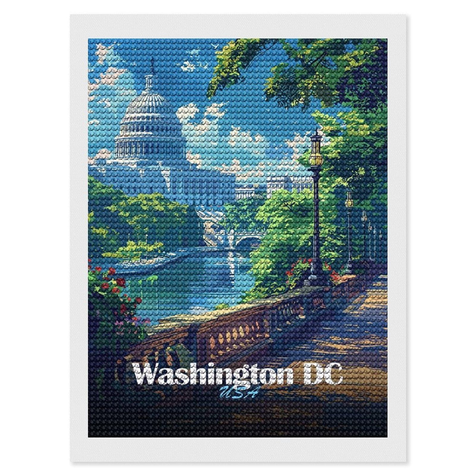 Junmoney Washington DC Cityscape Diamond Painting Canvas Set 12"x16", for Adults, Sparkling Round Gems, Thoughtful Handmade Gift, Modern Decor