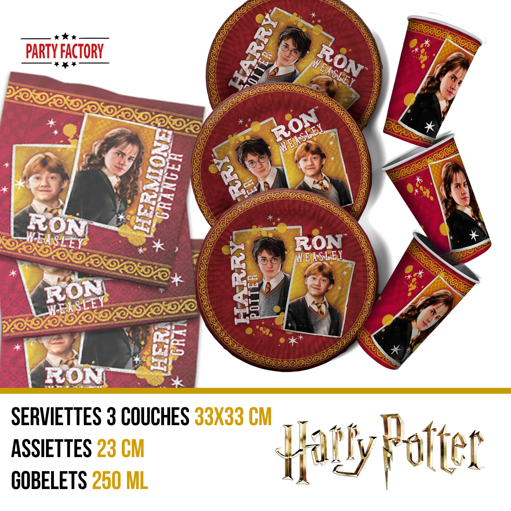 Party Factory Harry Potter Lot De 40 Pièces Pour Fête Avec 10 Gobelets De 250 Ml, 10 Assiettes De 23 Cm De Diamètre Et 20 Serviettes De 33 X 33 Cm, Vaisselle