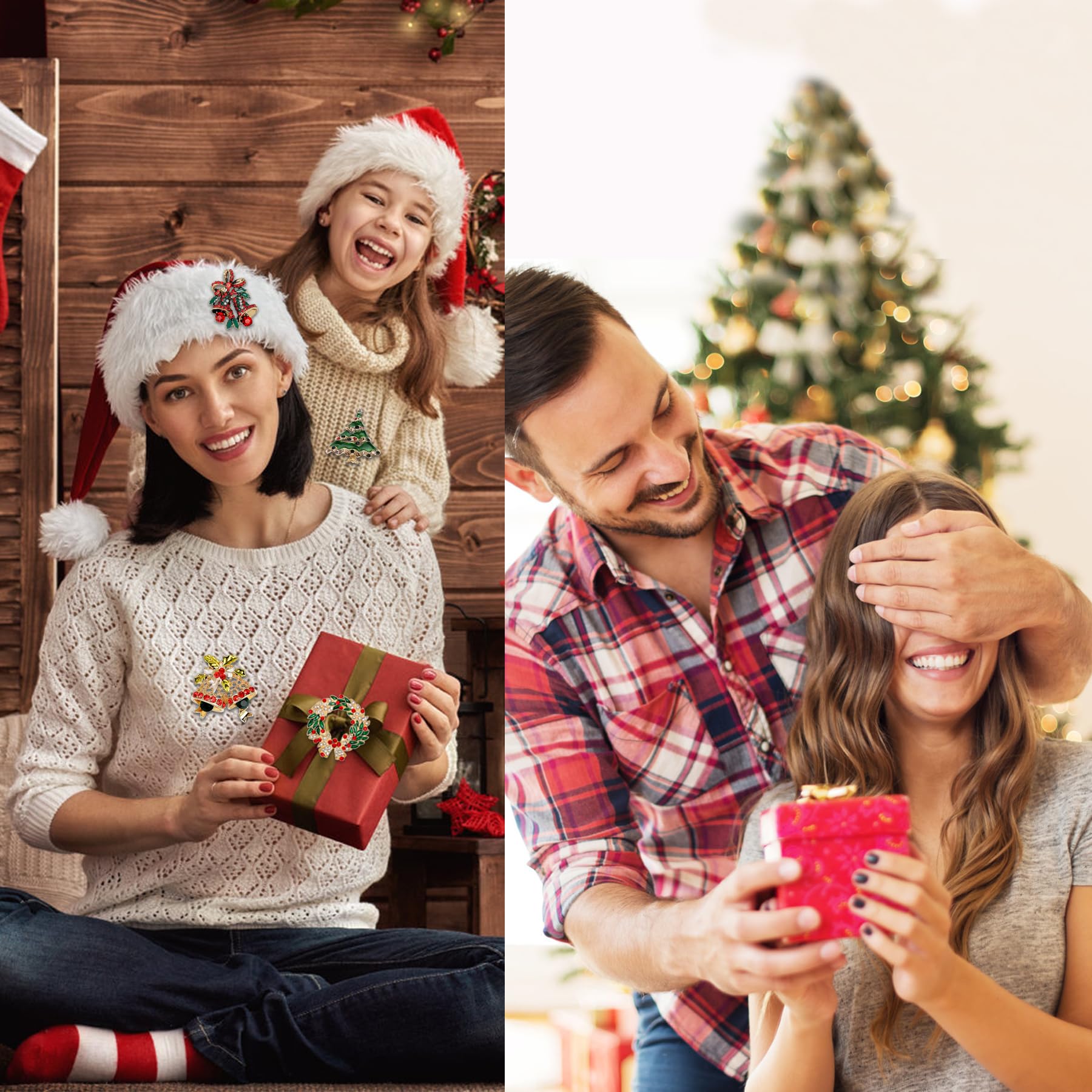 Juego de 12 broches de Navidad para mujer, con diamantes de imitación, corona de árbol de Navidad, muñeco de nieve, reno, adorno de Navidad, regalo, Acero inoxidable, amazonita