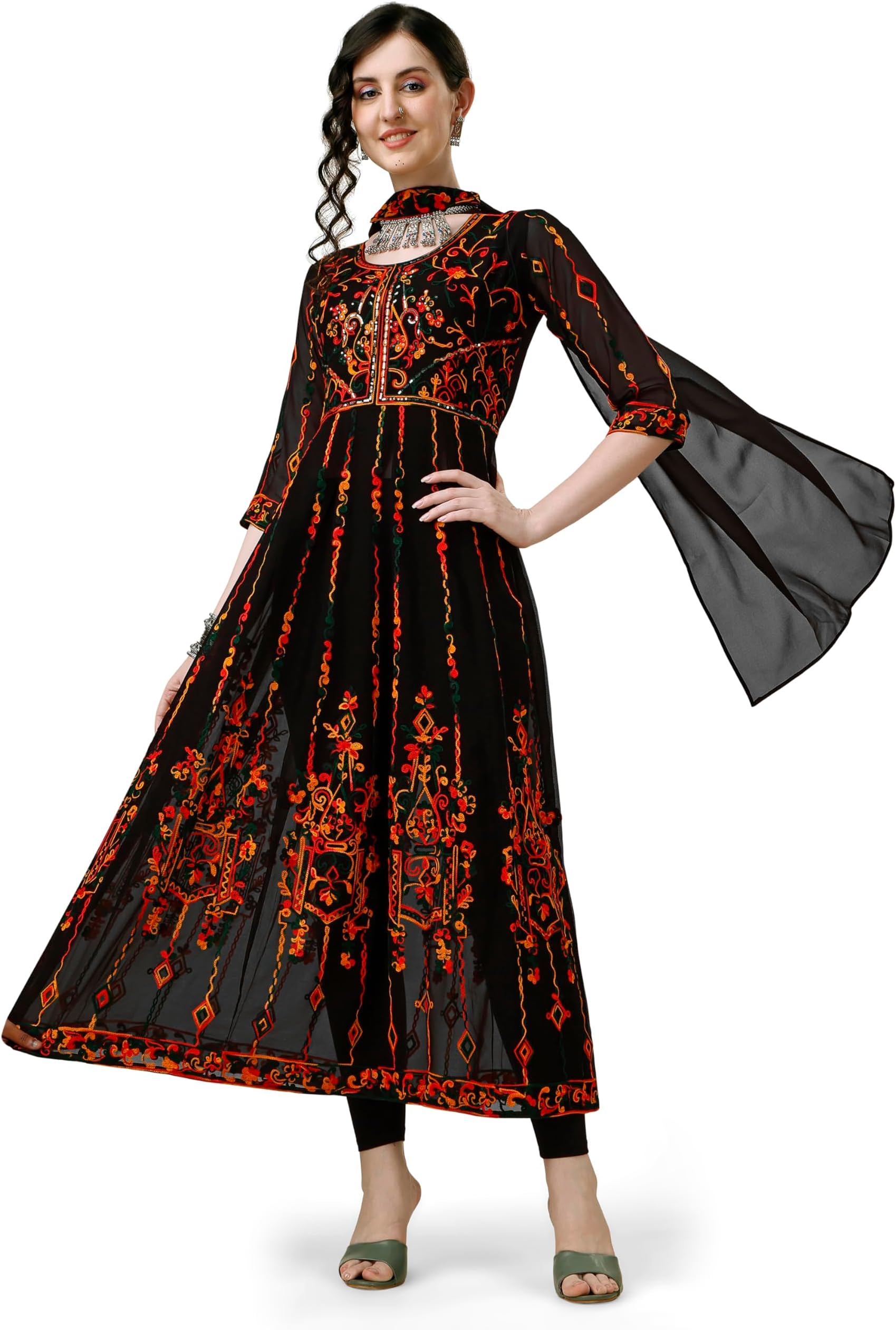 EthnicJunctionWomen's Georgette Embroidered and Sequence Work Anarkali Kurta and Dupatta Set