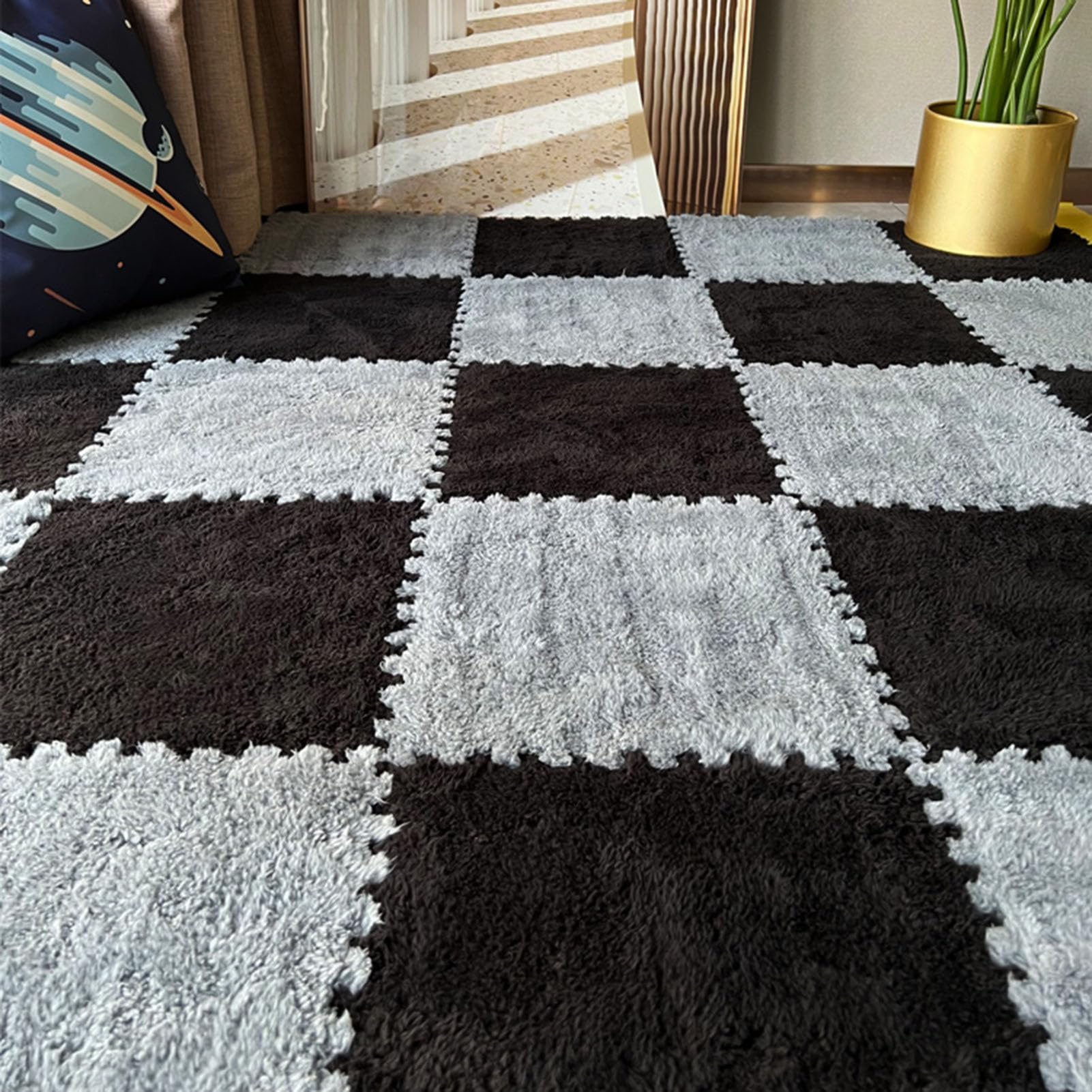 100 Stück Plüsch-Puzzle-Bodenmatte Aus Schaumstoff, Ineinander Greifende Teppichfliesen für Den Boden, Puzzle-Spielmatte, Heimdekoration