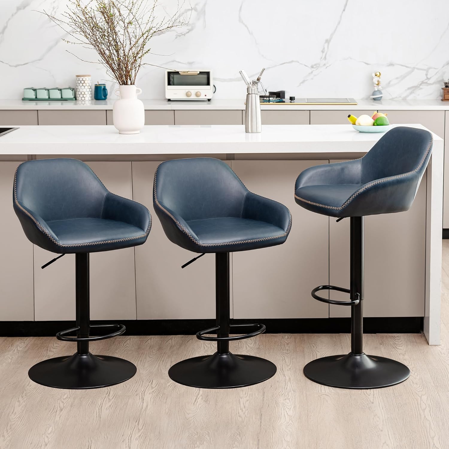 Glitzhome Swivel Bar Stools Set of 3, Adjustable Faux Leather Counter Height Bar Chairs with Back Support and Footrest, PU Upholstered for Kitchen Island Dining Room Pub Home Bar, Navy Blue