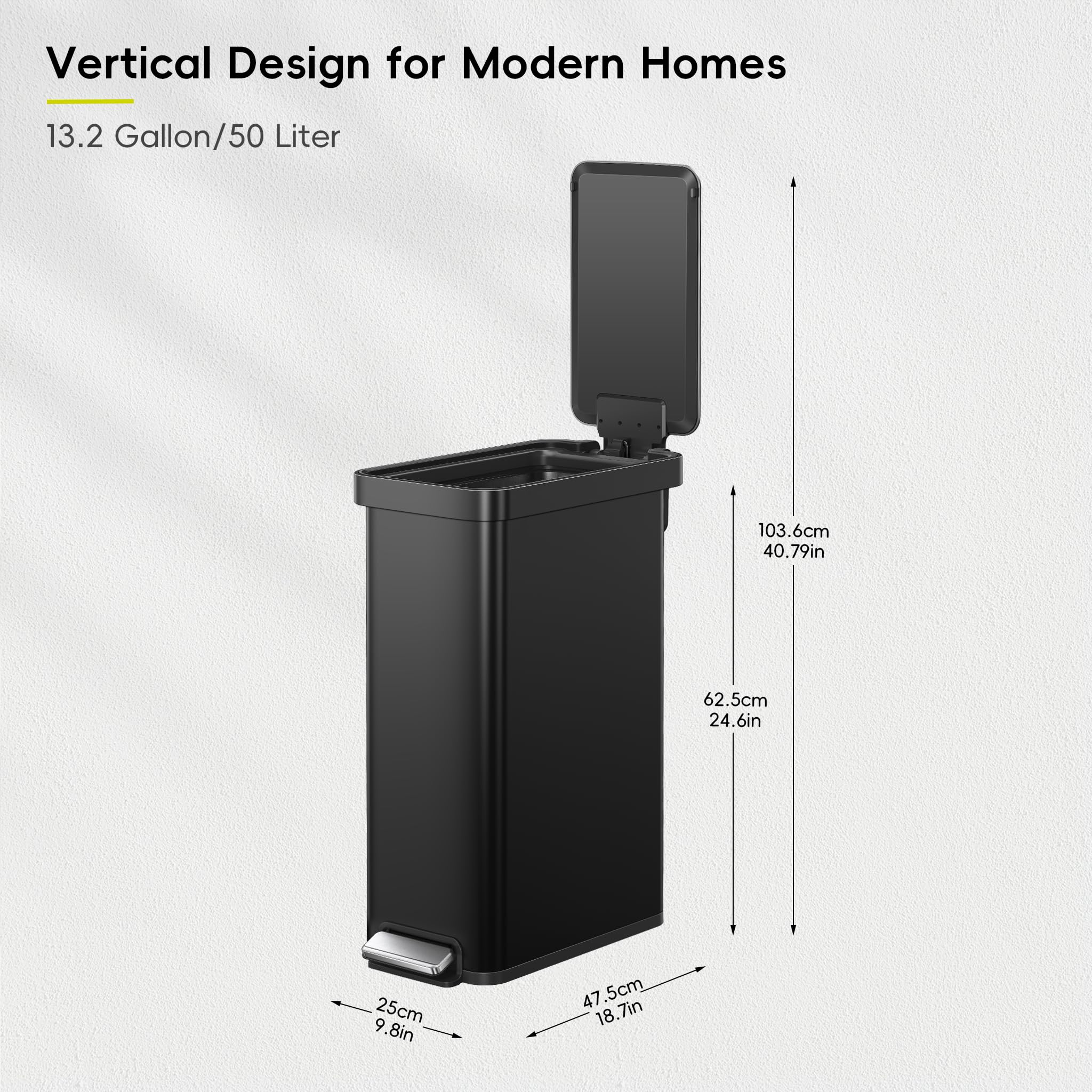 EKO Hudson Slim 50L Küchenabfalleimer mit Deckel, Edelstahl-Stufen-Mülleimer für Küche oder Zuhause, platzsparender Mülleimer mit Absenkautomatik, bleibt offen, Linerring, Mattschwarz