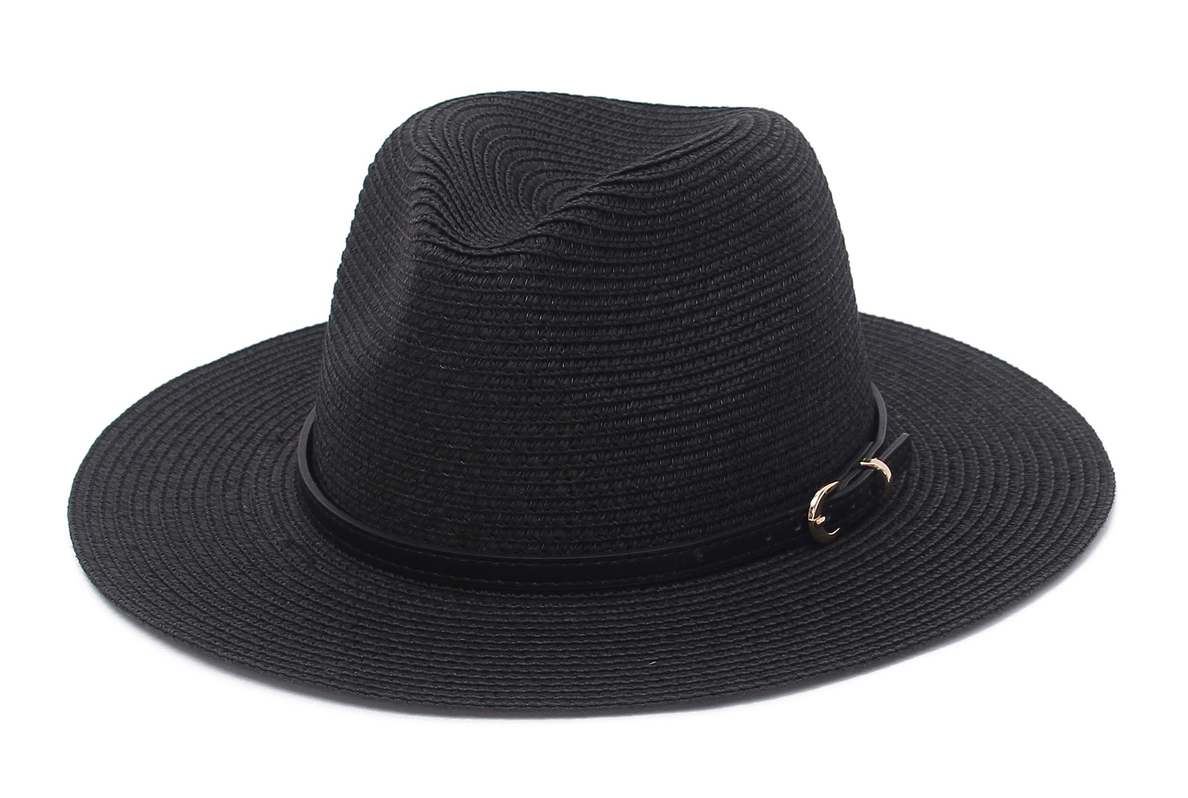 GEMVIE Sombreros de paja para mujeres y hombres, sombrero de verano Panamá Fedora con cinturón de cuero, ala ancha, gorra de jazz para playa