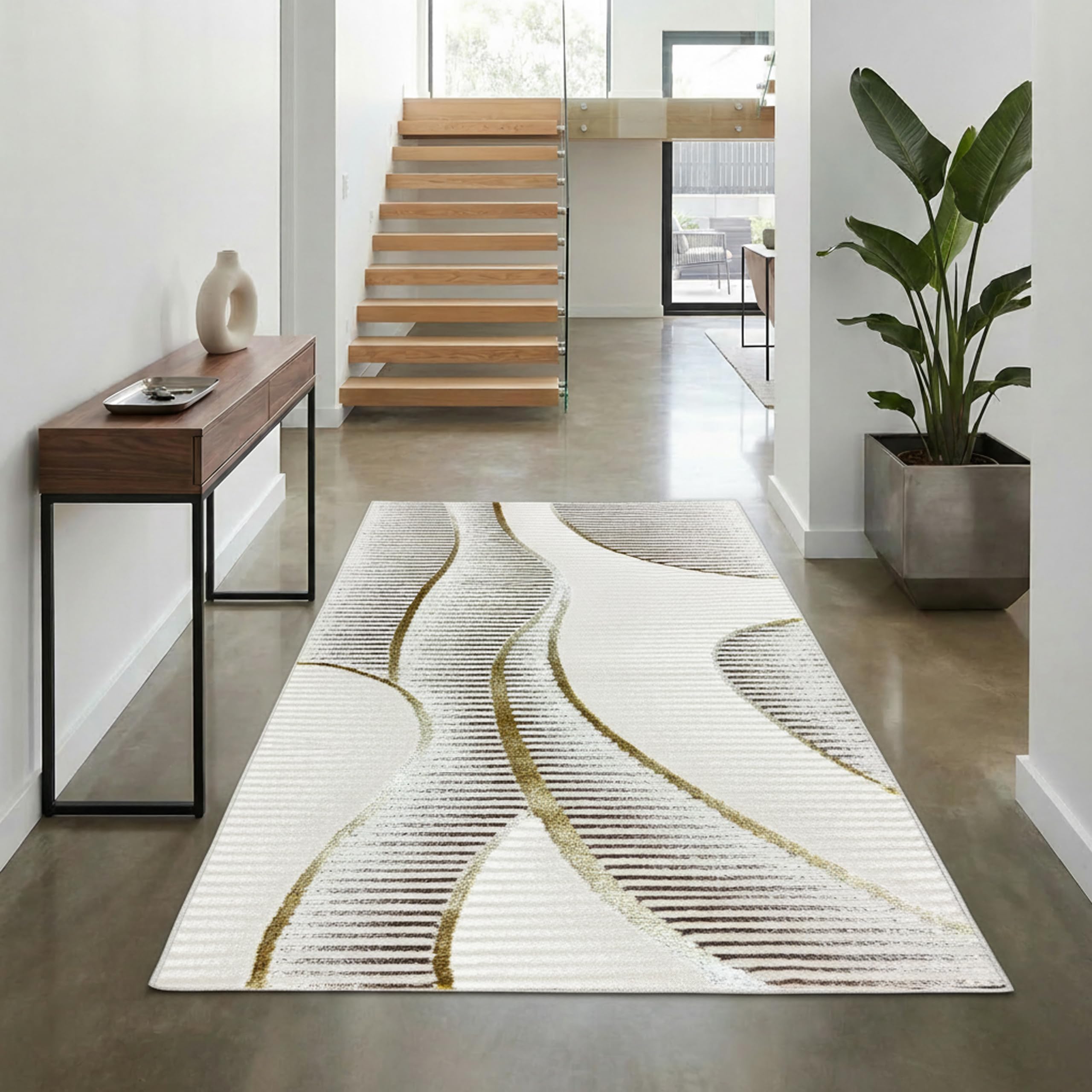 Tapis de salon doux et élégant à motif ondulé crème