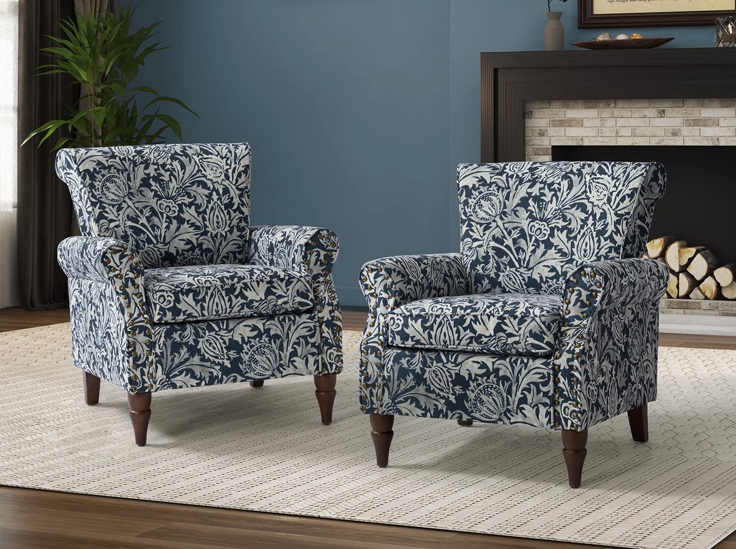 HULALA HOME Navy Wingback Accent Chairs Set of 2 with Wood Legs & Removable Cushion, Comfy Upholstered Armchairs with Nailhead Trim, Floral Pattern