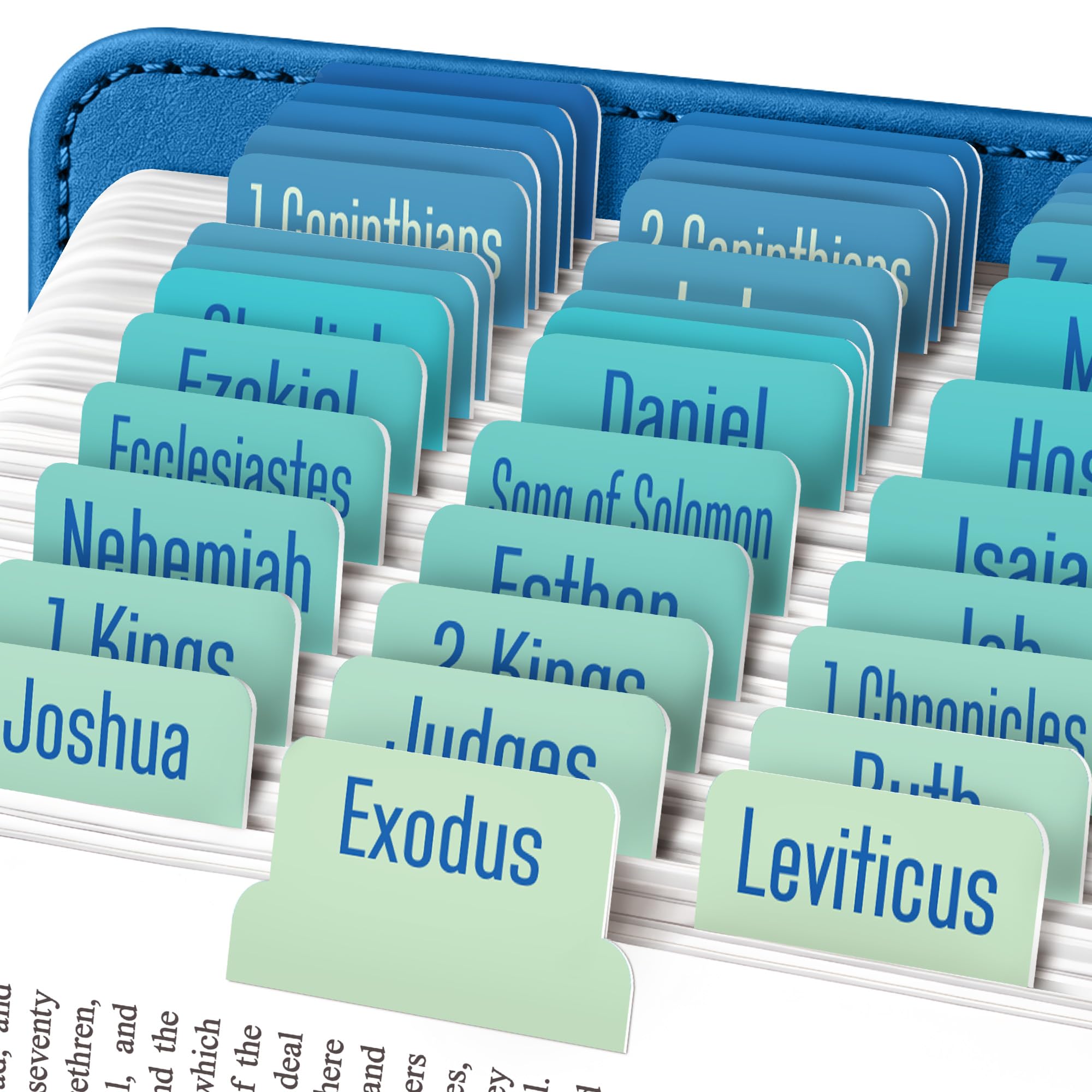 EssexWares - Green to Blues Bible Tabs for Old and New Testament, 80 Large Print Tabs for Bible Study, Water-Resistant and Durable Index Tabs for Women and Men - 1.7" Wide โ image 1