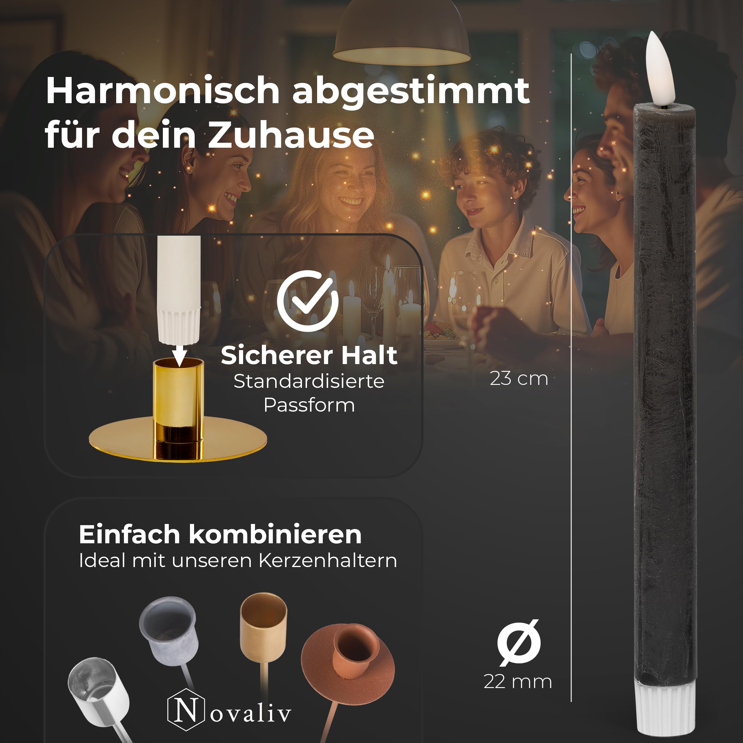 LED Stabkerzen 24 Stück ECHTWACHS SCHWARZ mit Timer Funktion 6 Stunden 24cm Höhe für Kerzen 2,2cm Durchmesser 2 AAA Batterien notwendig LED Stabkerzen 4er Set SCHWARZ (sechs Mal) bewegliche Flamme