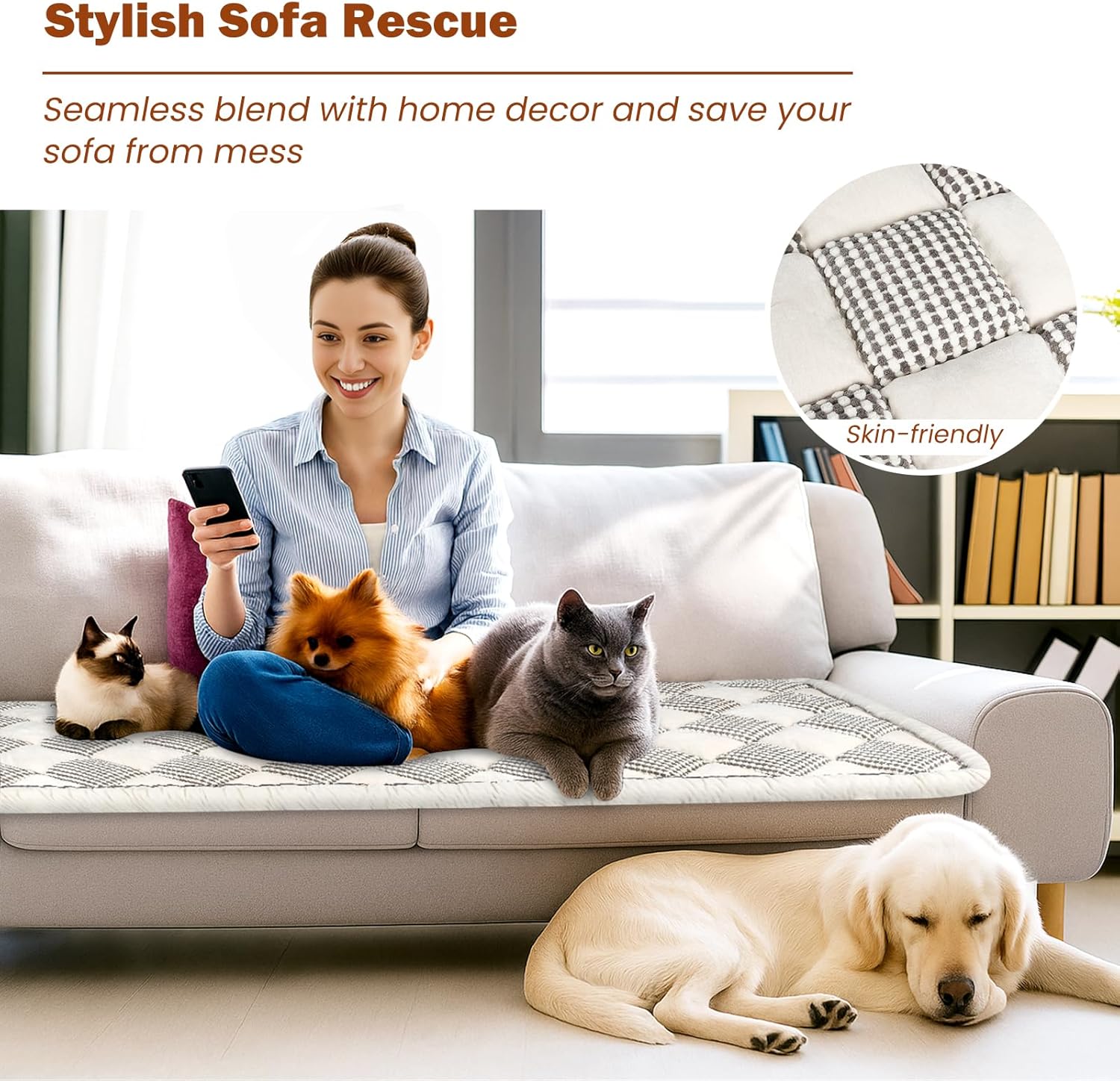 Checkered Couch Cover for Dogs, Sofa Protector for 3 Cushion Couch - Washable Non Slip Sofa Cover, Pet Friendly Dog Bed Mat for Furniture Protection - Grey & White, 27.6×70.9 Inch