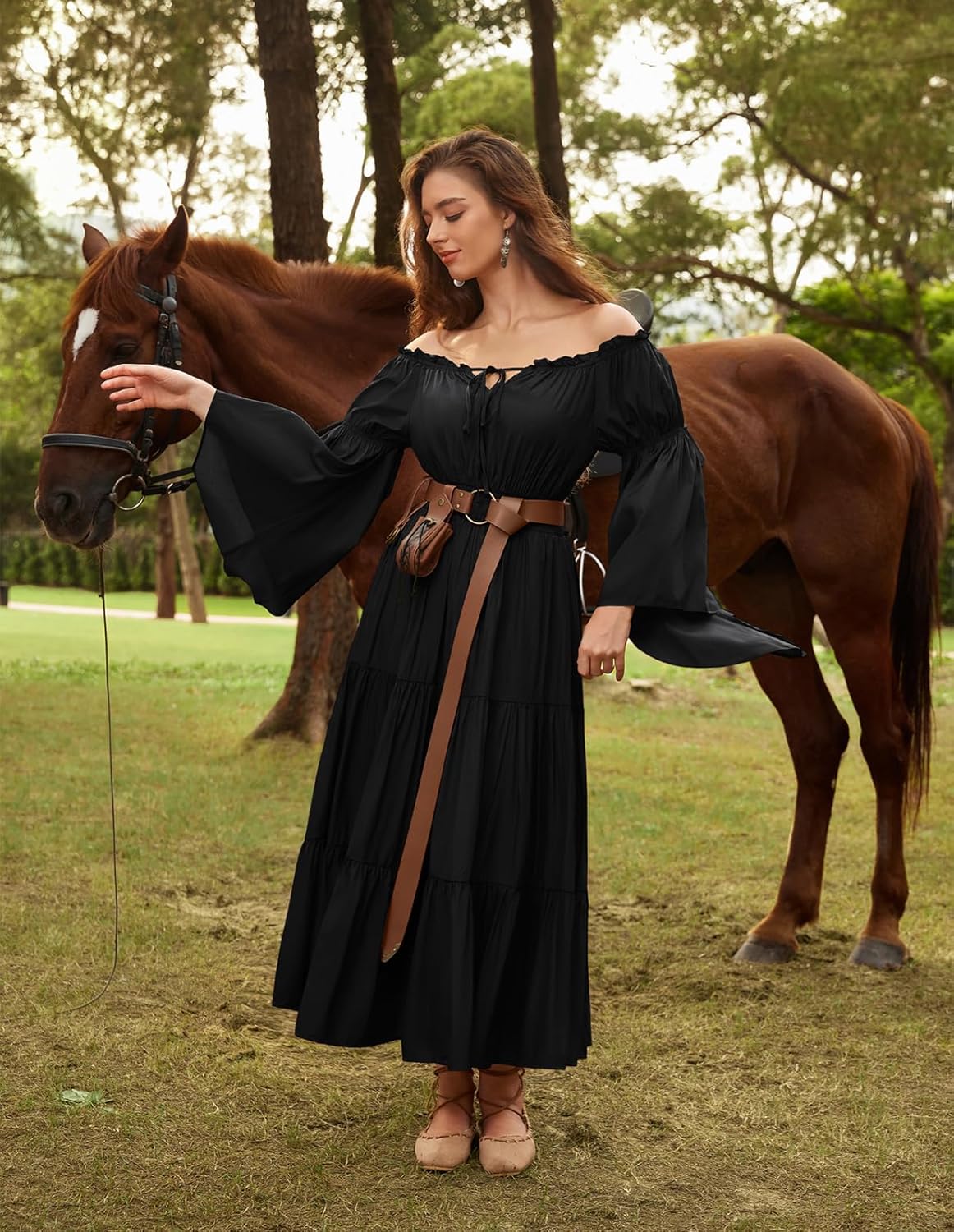 Scarlet Darkness Renaissance Costume Women Off Shoulder Bell Sleeve Tiered Maxi Dress - Image 9