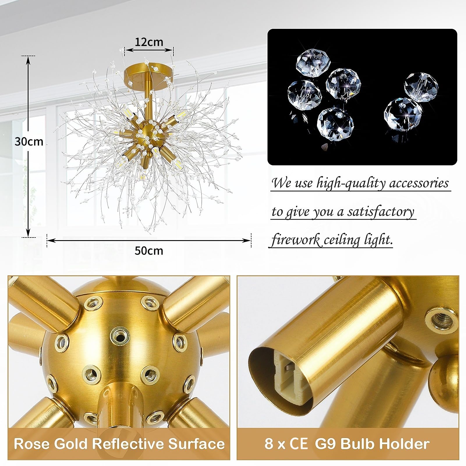 Plafoniera moderna in cristallo, fuochi D'artificio Lampadario, Plafoniere dorate, Lampada A Sospensione Dimmerabile, 8 G9, Lampada Per Soggiorno, Camera Da Letto, Sala da pranzo, Cucina,Corridoio