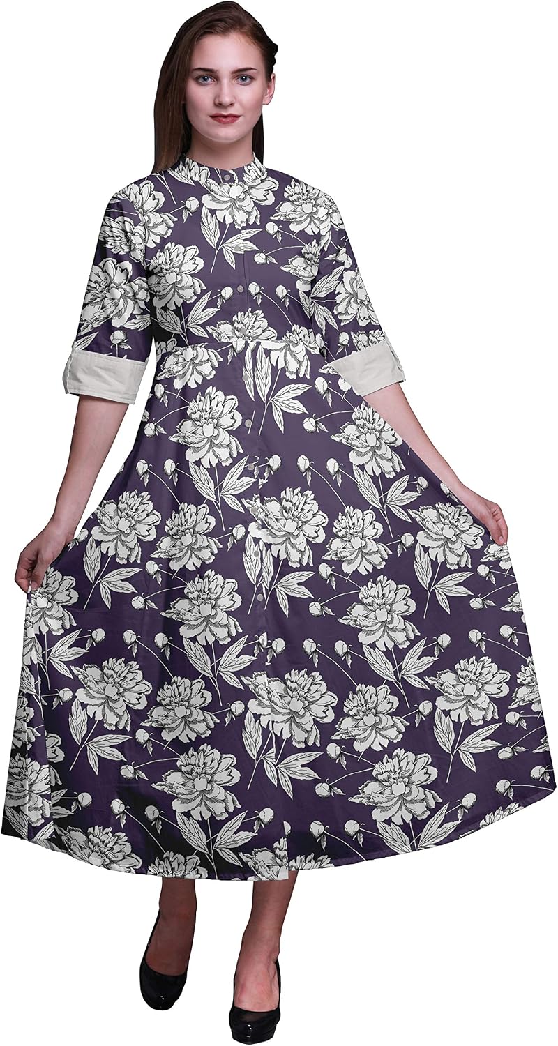 Bimba Women's Button-Down Shirt Dress - Print Mandarin Collar, Roll-Up Sleeves, Mid-Calf Length