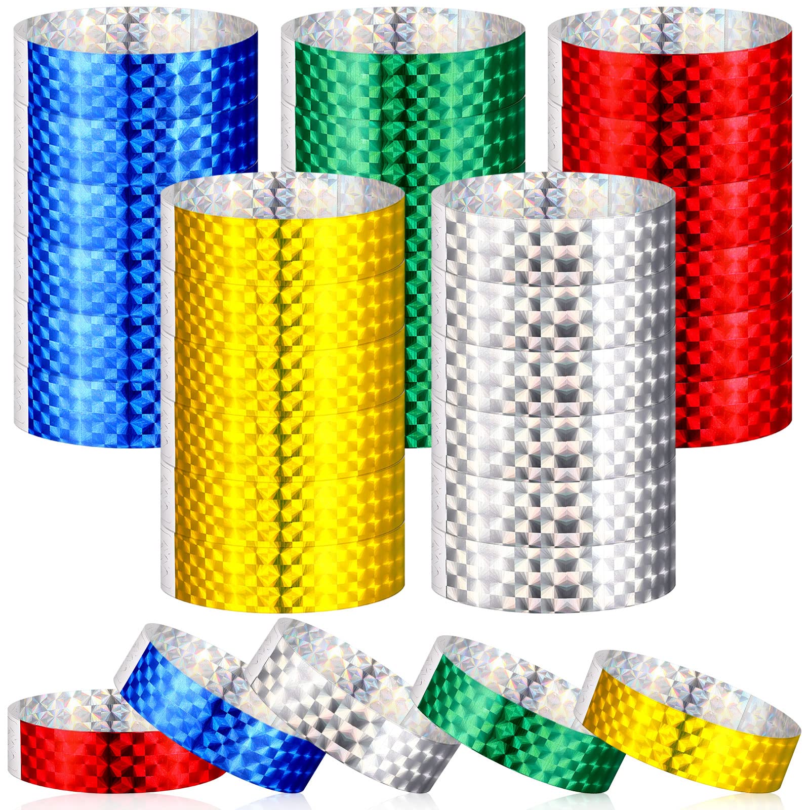 500 Pack Holographic Party Wristbands Assorted Colores Buckle Wristbands for Events Paper Bracelets Club Party(Gold, Red, Silver, Blue, Green)