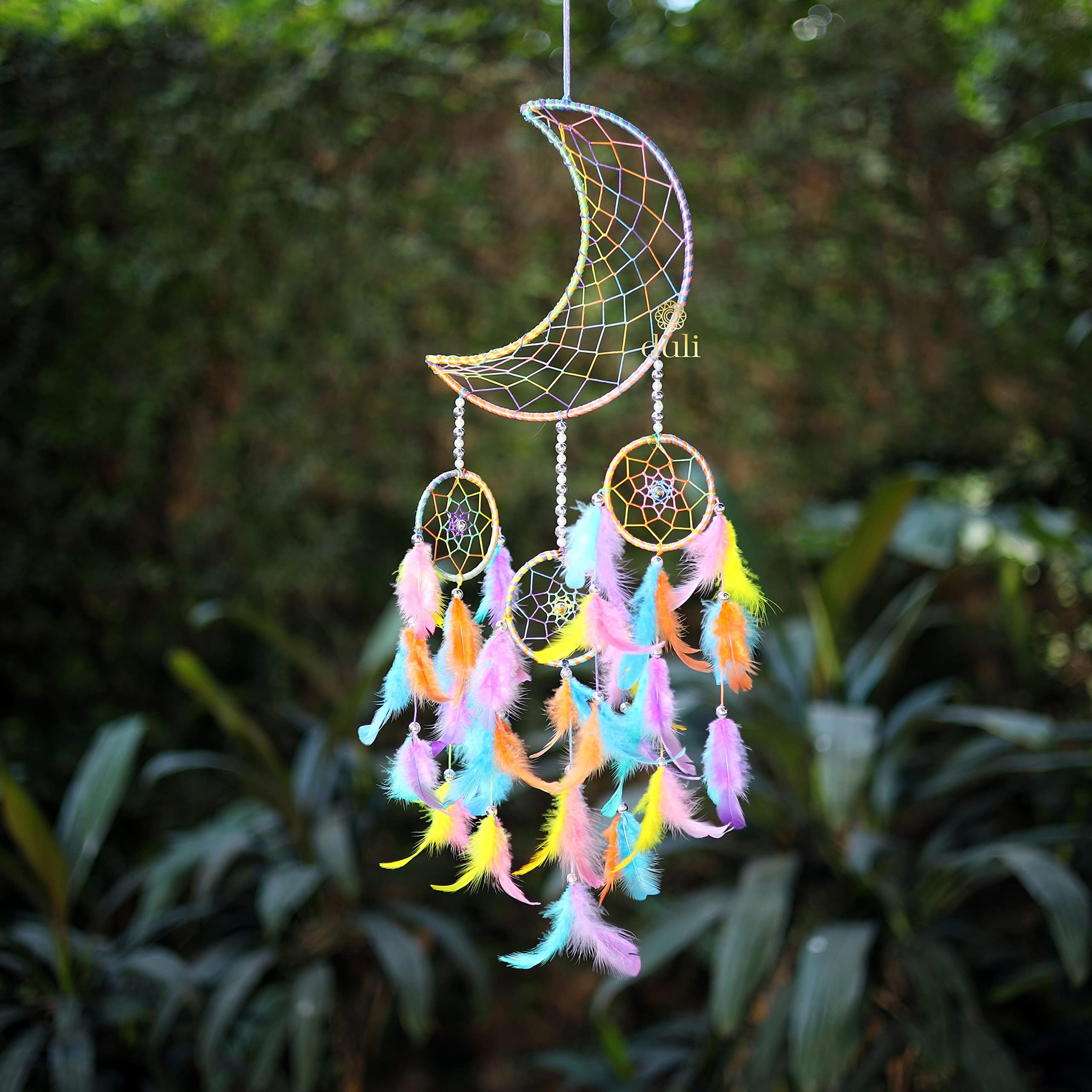 DULI Stainless Steel Moon Shape Dream Catcher Half Moon Home Decor Wall Hanging Bedroom Best for Gifts and Decoration, Wall Art for Bedrooms, Home Wall(CrescentMoonDC: PastelMulti)-picture-15