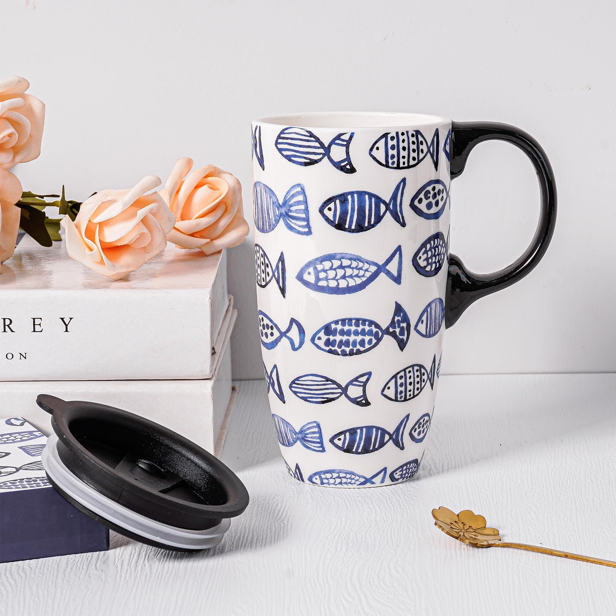 Topadorn Ceramic Travel Mug with Lid and Handle Gift for Coffee Lovers Coffee Mug Ceramic Latte Teacup Milk Mug in Color Box 17 Oz - Image 4