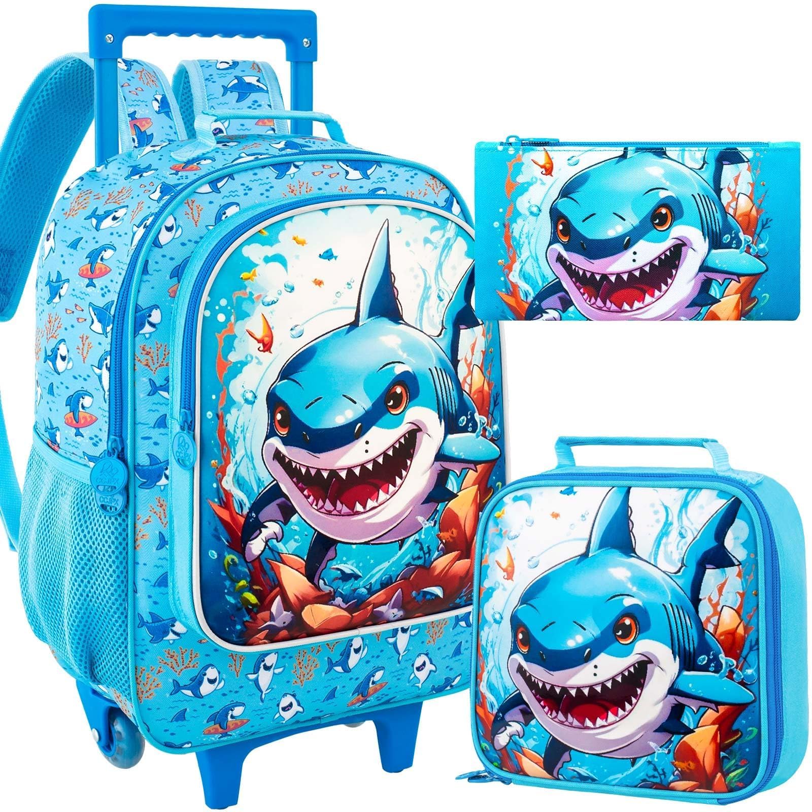 Zaino arrotolabile per ragazze e ragazzi, con unicorno, sirena, dinosauro, animale, set con ruote per bambini, Squalo blu, Taglia unica