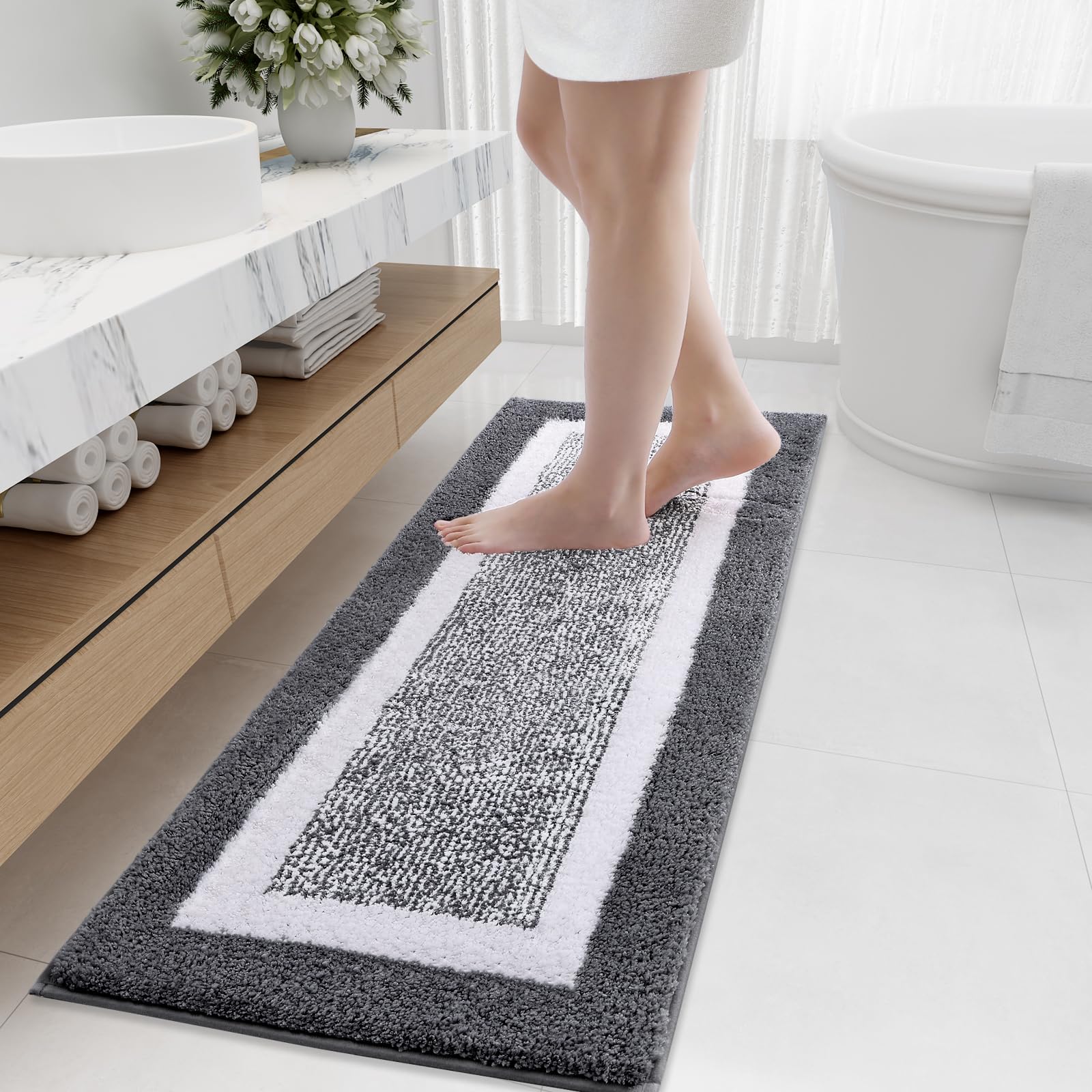 OLANLY Bathroom Rugs 47x20, Extra Soft and Absorbent Microfiber Bath Mat, Non-Slip, Machine Washable, Quick Dry Shaggy Bath Carpet, Suitable for Bathroom Floor, Tub, Shower (Dark Grey and White)