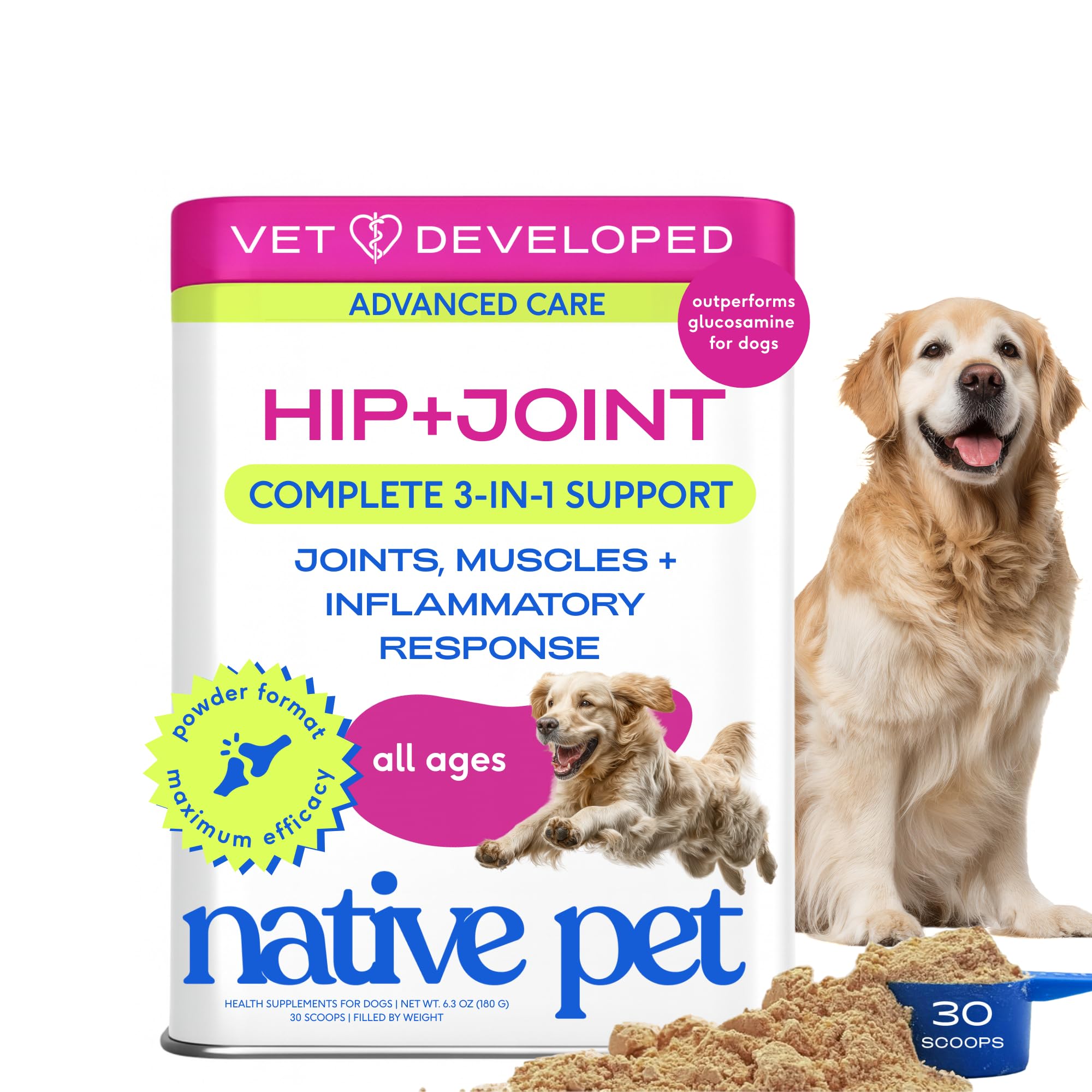 Native Pet Hip & Joint Advanced Care Dog Joint Supplement Powder for Mobility & Movement Support, Joint Supplement for Dogs with HMB, UC-II Collagen, Green Lipped Mussel & Hyaluronic Acid – 30 Scoops