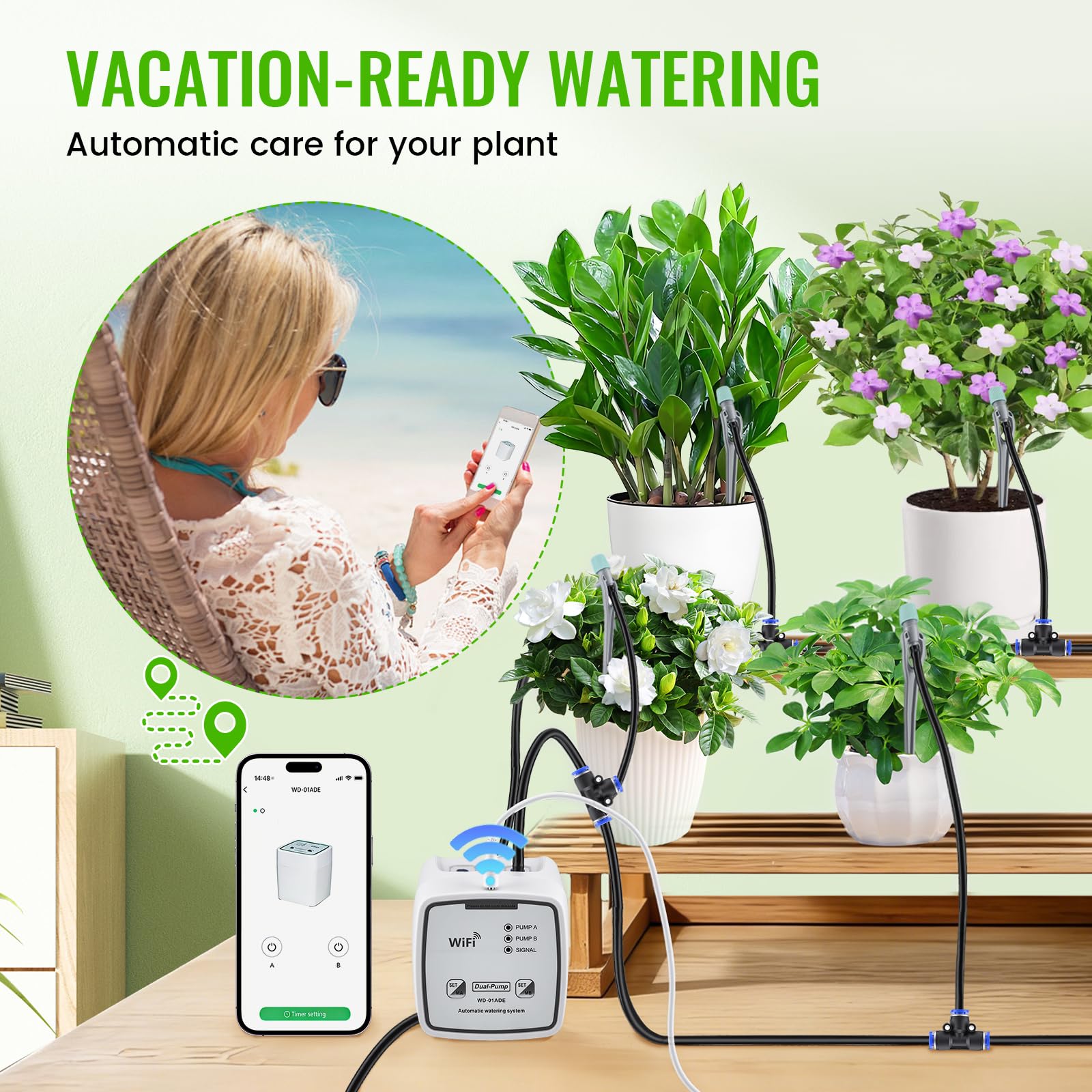 Système d'irrigation automatique WIFI - Système d'irrigation goutte à goutte via application - Arrosage utomatique pour jusqu'à 20 plantes d'intérieur - Mode automatique/manuel/intelligent - Arrosage
