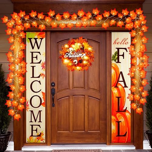 3 piezas de decoraciones de otoño para puerta delantera, coronas LED de otoño y cadena de hojas de arce y letreros de bienvenida y hola otoño,