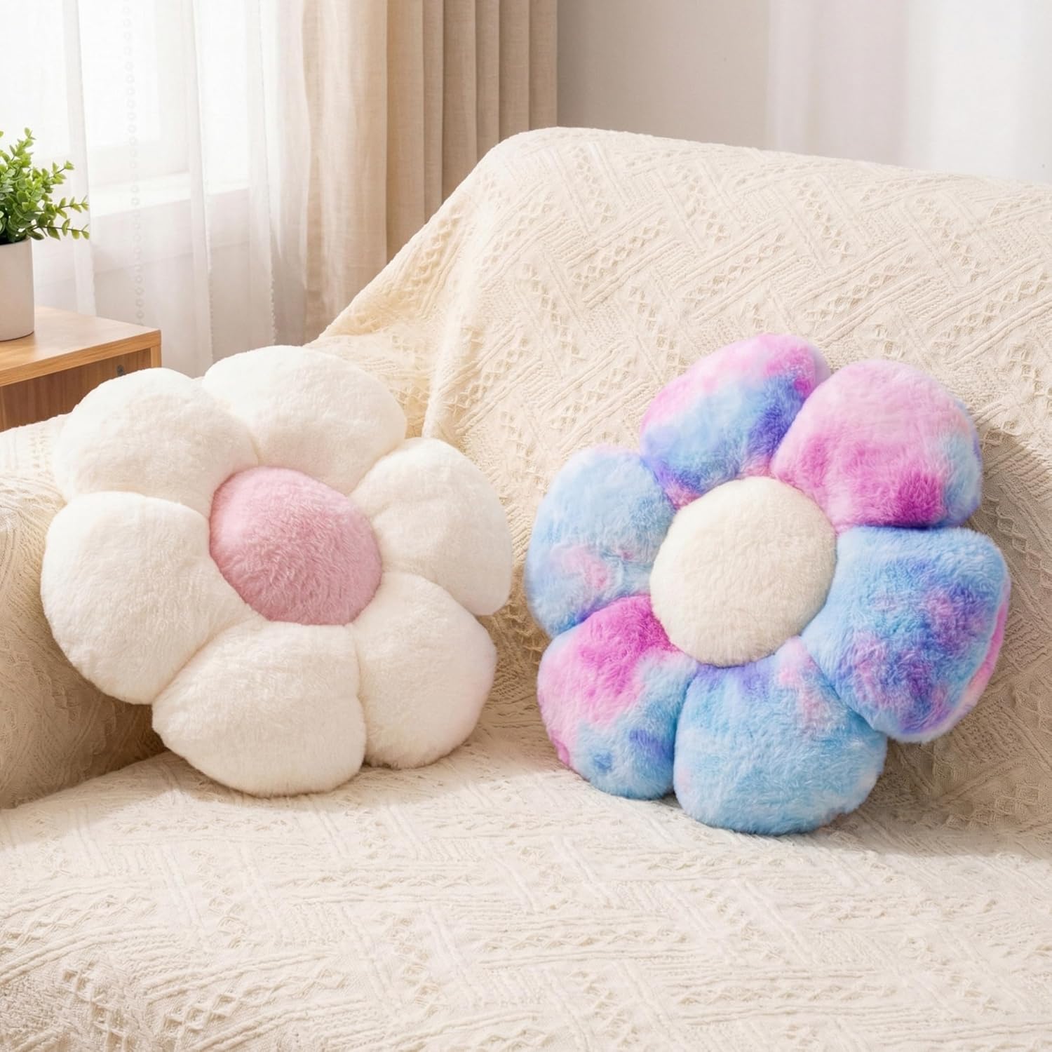 2 Pcs Flower Floor Pillow, Daisy Flower Shaped Pillows Set, Cute Preppy Room Decor Decorative Throw Pillows Cushions for Girls Bedroom Bed Couch Decor (White & Multicolour Purple, 15 INCH)