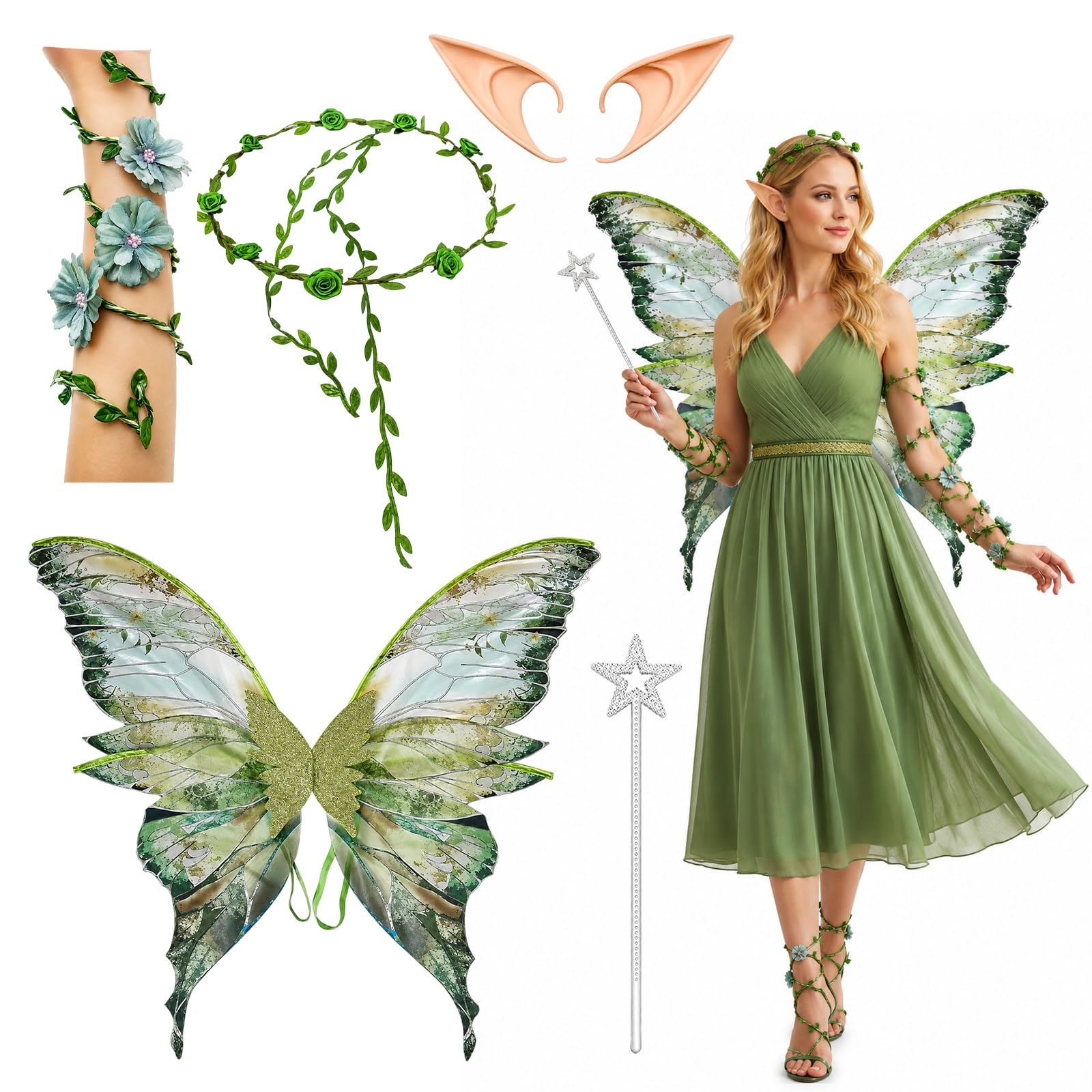 Fairy Wings, 5PCS Angel Costume Accessories, Butterfly Wings Adults, Sparkling Sheer Wings with Flower Headband and Flower Arm Wrap, Angel Princess Fancy Dress Up Costumes for Halloween Party Cosplay