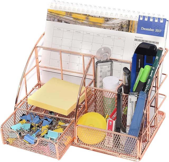 6 in 1 Office Mesh Desk Organiser with Drawer, Office Organiser with 5 Compartments + 1 Sliding Drawer/Desk Tidy/Pen Holder/Multi-Functional Organiser (rose gold)