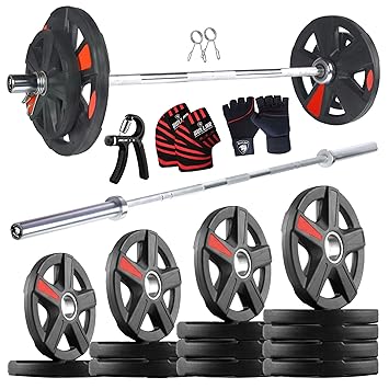 Bullar Xmark Rubber 10kg to 150kg Home Gym Set with 7ft Olympic Barbell & Premium Accessories (Xmark Plates+ 7ftOlympic Rod + Premium accesories, 100Kg (2.5kg x4-5Kg x4-10kg x2-15kg x2) Combo)