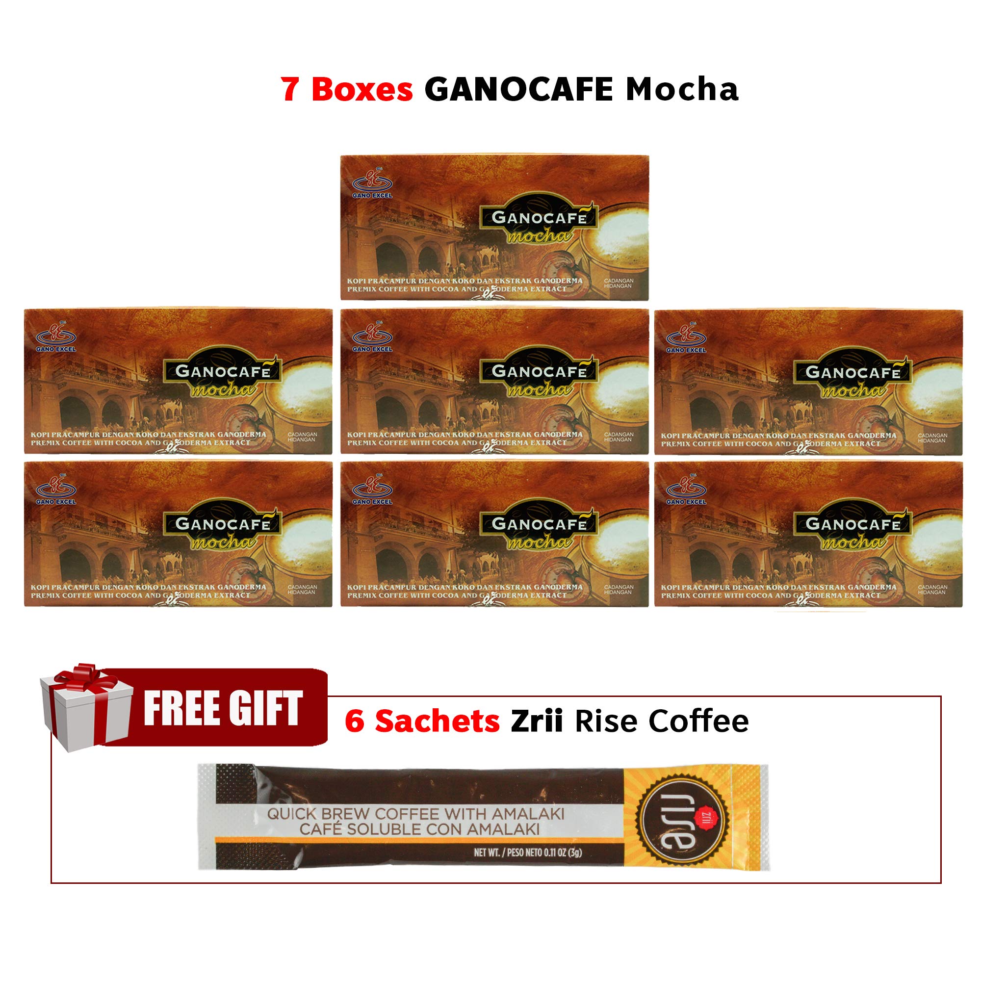 7 Boxes Gano Excel GanoCafe Mocha + 6 sachet Zrii Rise Coffee