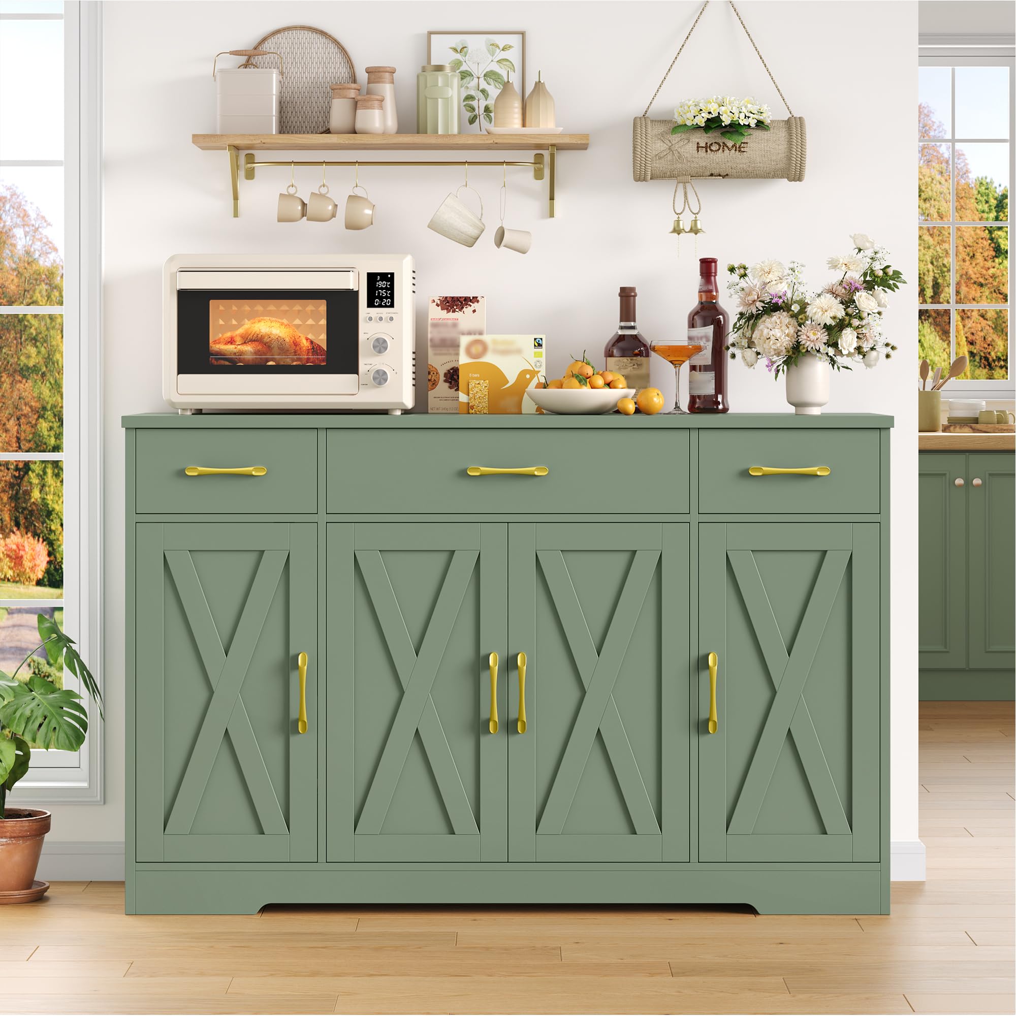 HOCSOK 140 cm Credenza Cucina, Mobile Cucina con 3 Cassetti e 4 Armadi, Buffet Mobile Moderno, Credenza Soggiorno, Mobile per Cucina Ingresso Foyer, Sala da Pranzo, Verde