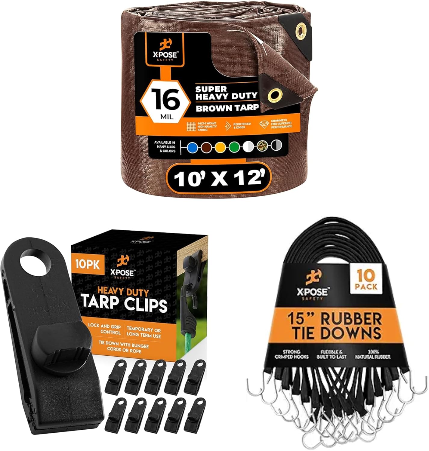 10' x 12' Super Heavy Duty 16 Mil Brown Poly Tarp Cover, Rubber Bungee Cords 10-Pack 15"(23” Max Stretch) & 10-Pack Heavy Duty Reusable Tarp Clips for Outdoor, Canopy, Boat, Cargo- by Xpose Safety
