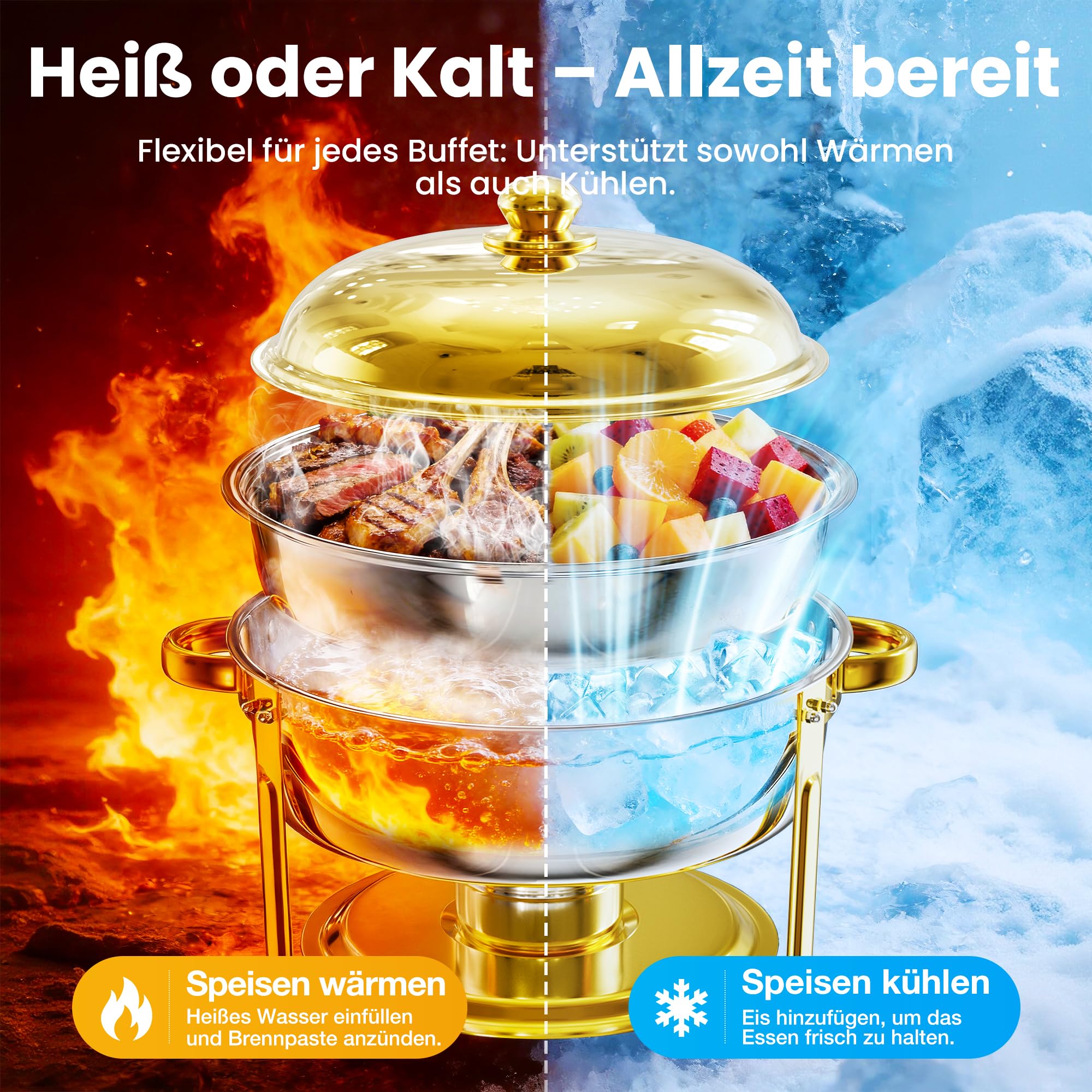 WARMOUNTS Chafing Dish 4er Set 6L Gold, Speisenwärmer Buffet Rund Edelstahl mit Deckelhalter, Warmhaltebehälter Stapelbar Catering Rechaud für Gastronomie, Partys & Hochzeiten