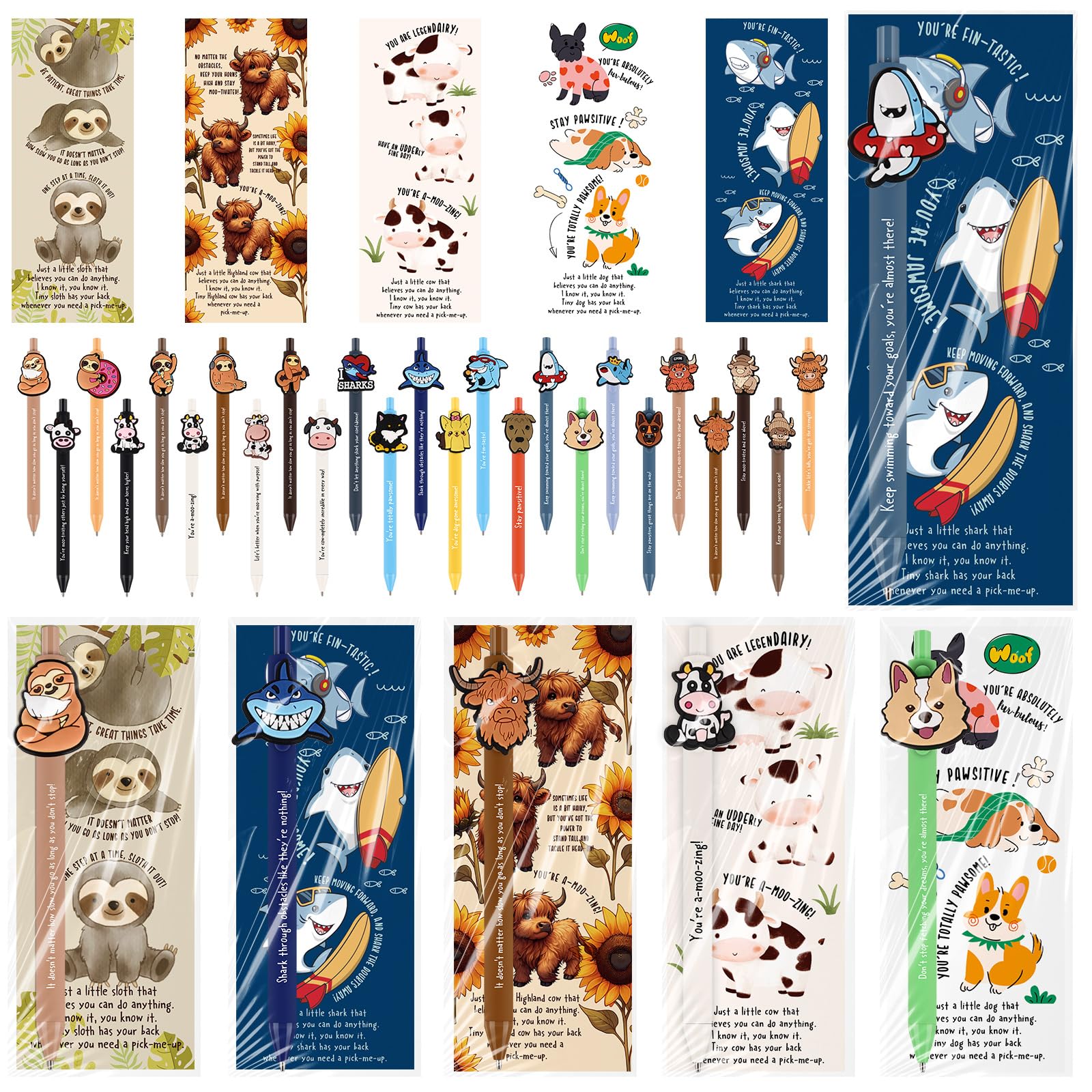 Sayglossy 50 Set Inspirational Pens Gifts Bulk Positive Animal Ballpoint Pens with Bookmarks Cute Employee Appreciation Gift for Reading Party Prize