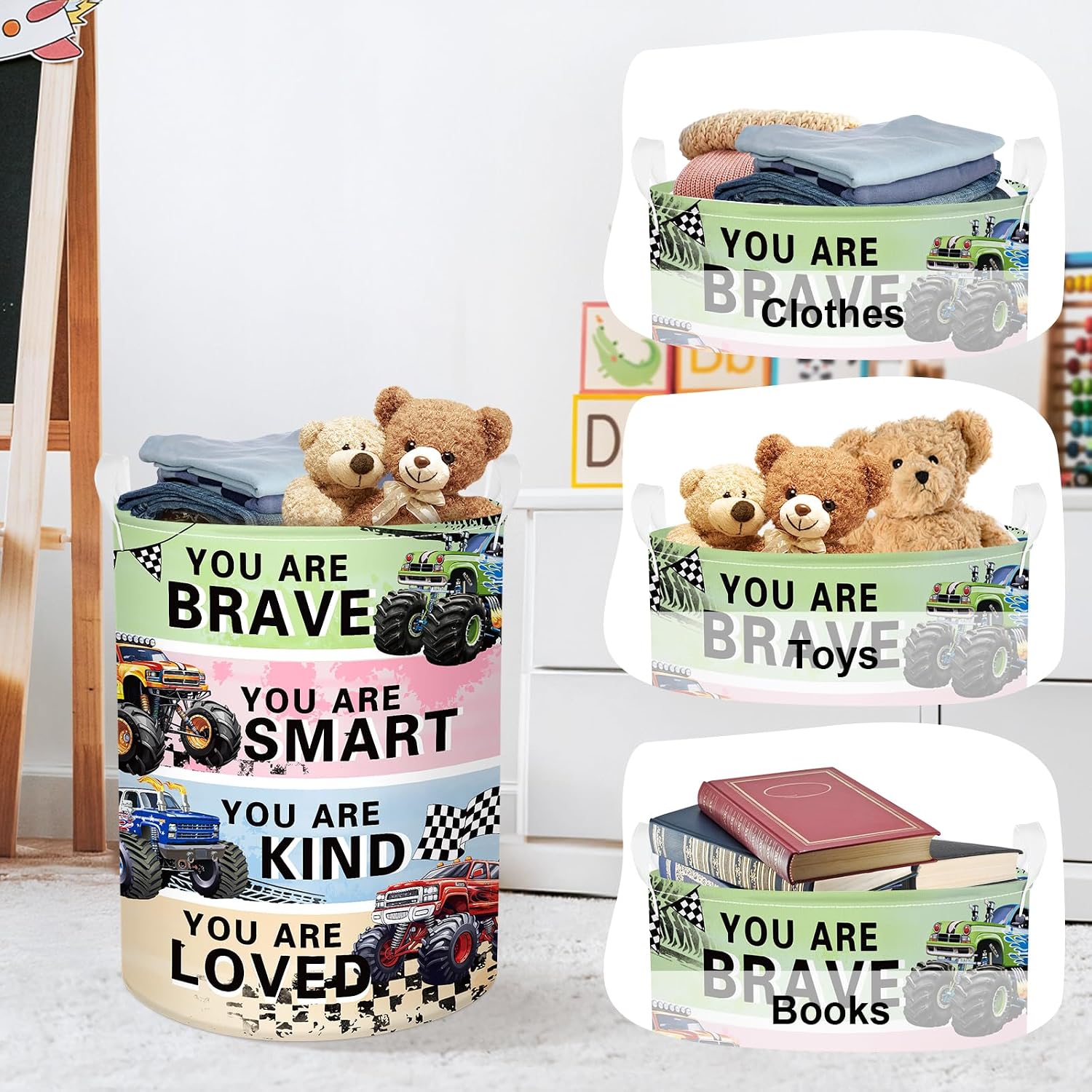 Cars Laundry Hamper Cartoon Vehicle Large Storage Basket Collapsible Parents Organizer Boy Toy Clothes Bins for Bedroom, Bathroom, Monster Truck, 63L image 5
