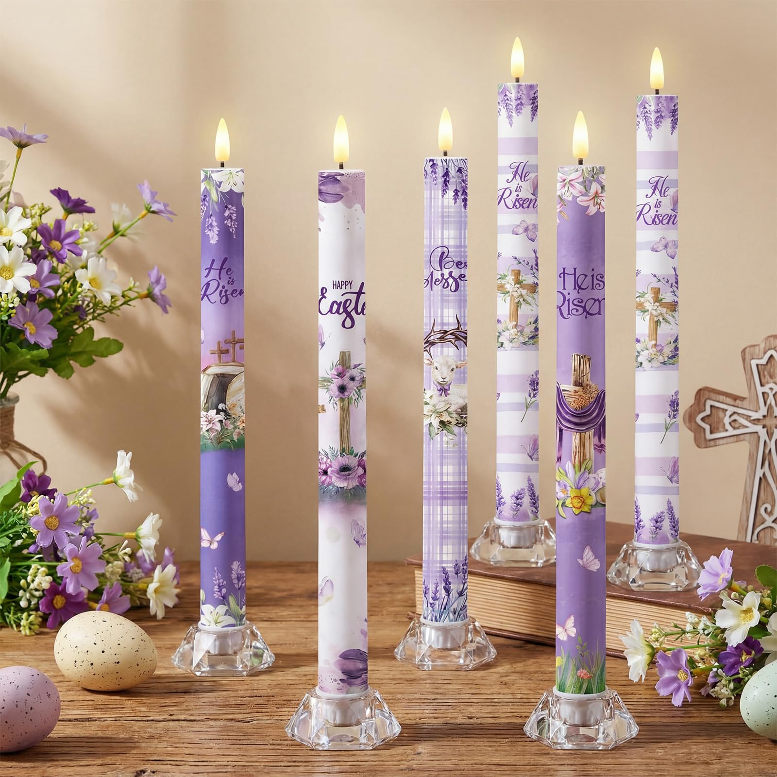 Aurelema 6 Pcs Easter Flameless Candle Set He is Risen LED Flameless Taper Lent Candles with Battery Operated Purple Cross Christian Celebration Candles with Remote for Easter Spring Home Decor Gifts
