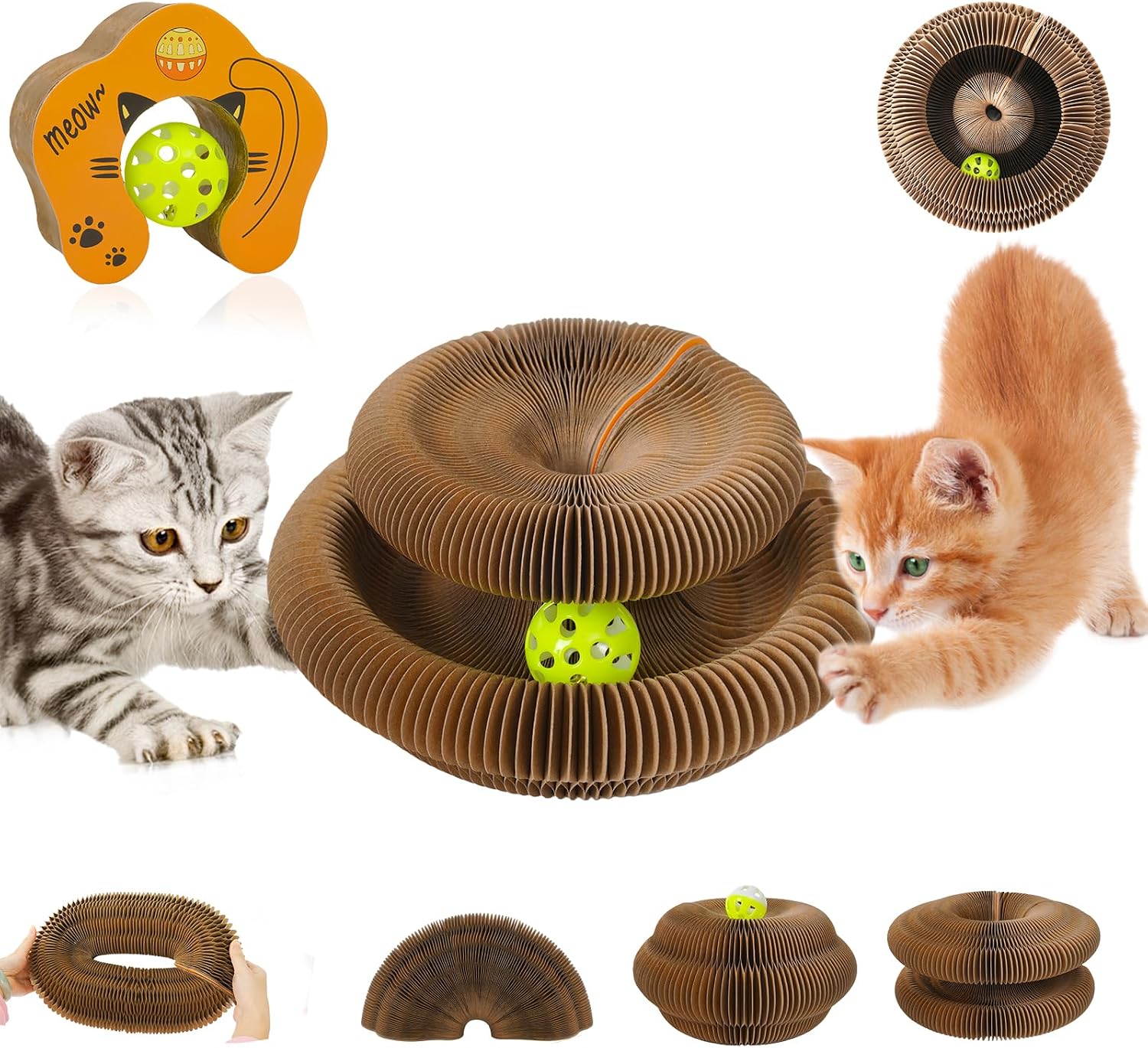 Magic Organ Cat Scratcher Cardboard Toy with Bell Ball,Interactive Honeycomb Kitten Curlz Reversible Scratching Board for Indoor Cats:Exercise,Anxiety Relief&Furniture Protector,Shape-Changeable
