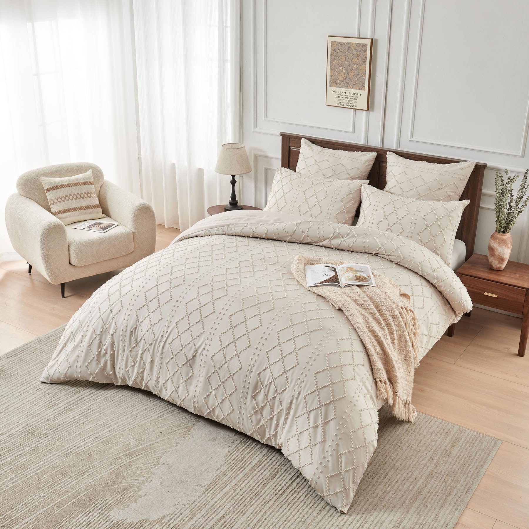 Housse de Couette 220x240 Bohème Beige Tuftée Parure de Lit Bohème Style Géométrique Grille Carrée Linge de Lit 2 Personne Adulte avec Fermeture Éclair avec Taies d'oreiller 65x65 cm