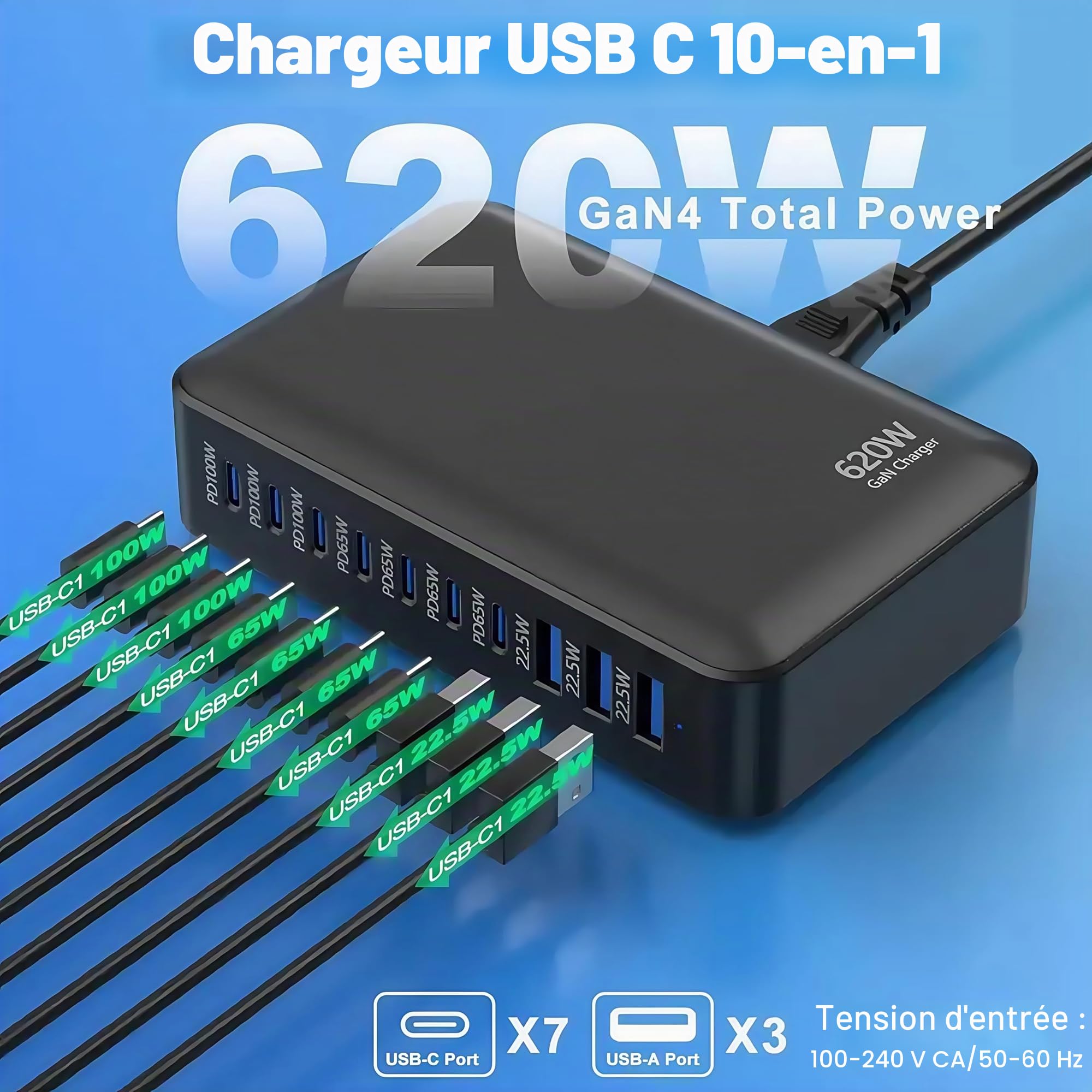 Chargeur USB C a 620 W 10 Ports USB Prise Adaptateur avec 3 Ports PD PPS 100 W et Multi PD 65 W Sortie Rapide, Multiprise USB-C Secteur pour iPad iPhone Samsung Red mi Note Google Pixel etc