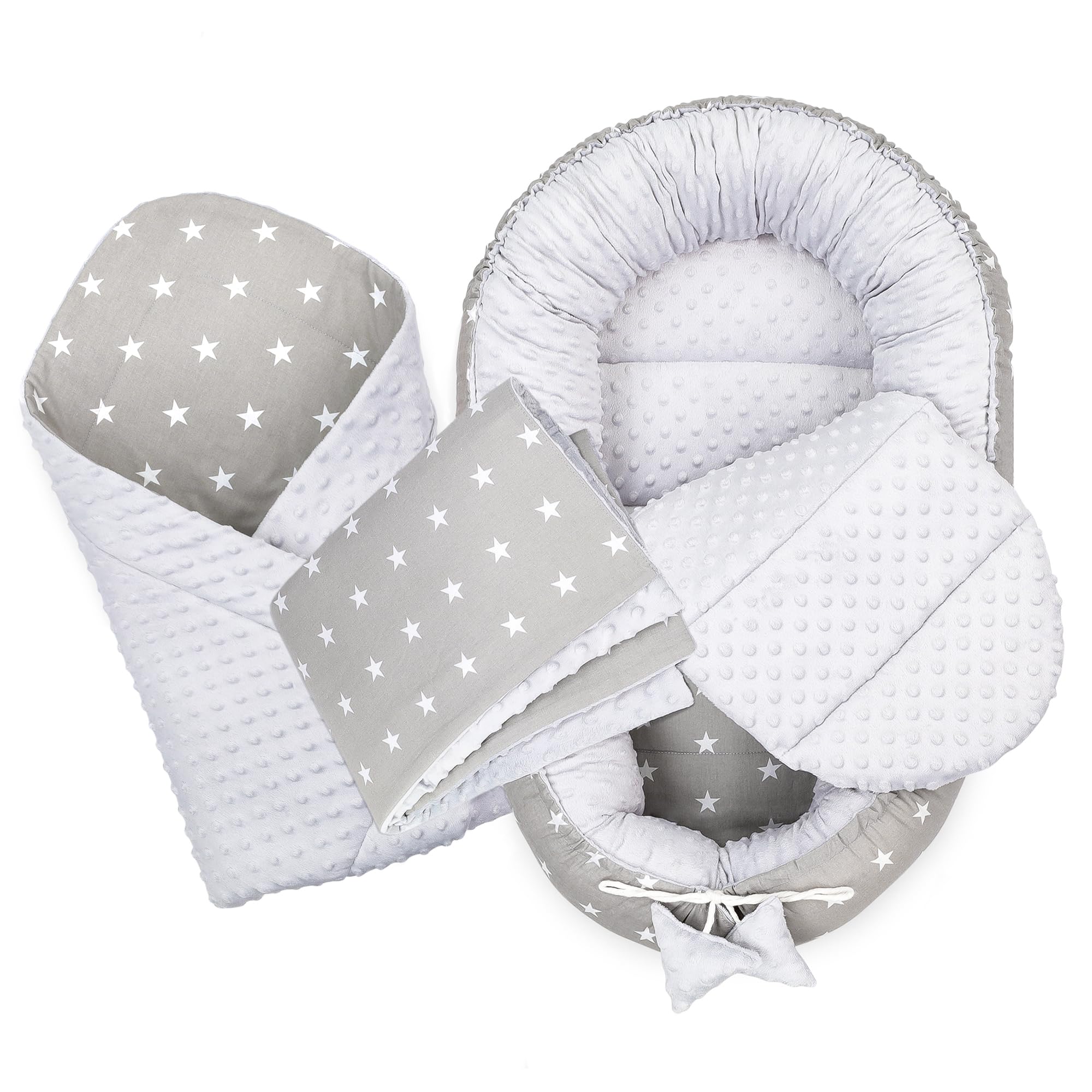 Totsy Baby Riduttore lettino neonato 90x50 cm - riduttore per culla tessuto in pile di cotone Bozzolo in 4 parti con coperta Stelle Grigio Chiaro