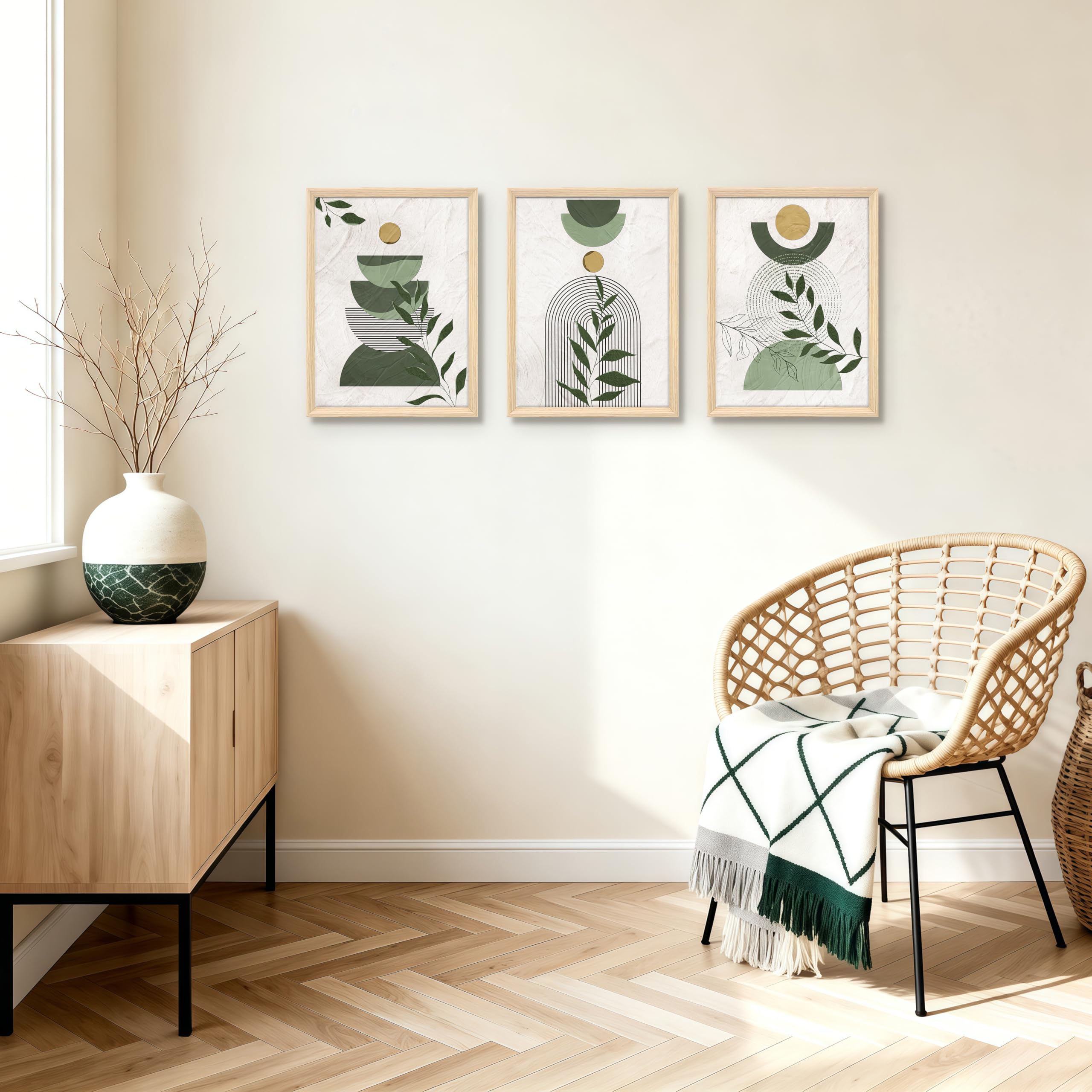 3 Pcs Wooden Framed Canvas Wall Art Set Bohemian Sage Green Canvas Prints Poster Geometric Line Beige Green Pictures for Living Room Bedroom Dinning Room Hallway Stairs Wall Decor 30x40cm x3pcs — view 119