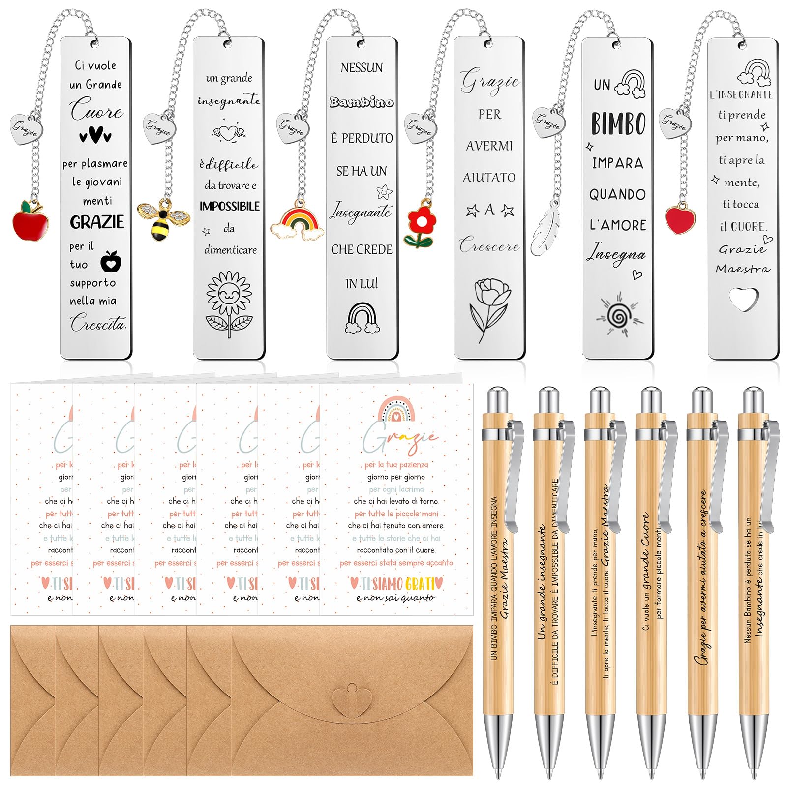 Clabby 6 Sets Regalo Maestre Fine Anno Grazie Maestra Regali di Ringraziamento 6 Segnalibri in Metallo 6 Penne 6 Biglietti di Auguri 6 Busta per Insegnante Laurea Compleanno