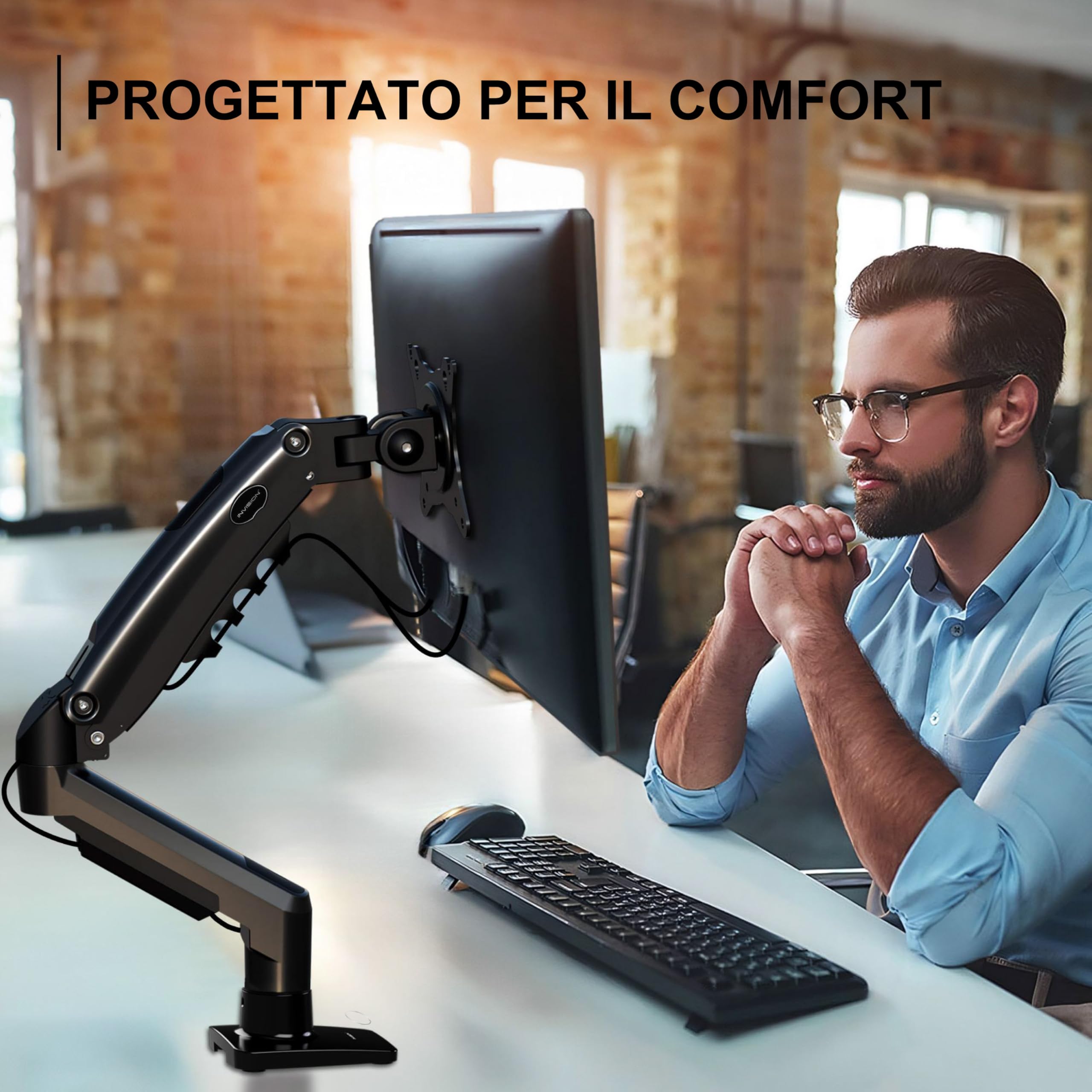 Invision Braccio Monitor Supporto Schermi 19-32 pollici, VESA 75/100mm, Morsetto Scrivania, Regolazione Dell'altezza con Inclinazione, Girevole e Ruota, Capacità di Carico 2-9kg MX200 Braccio Singolo